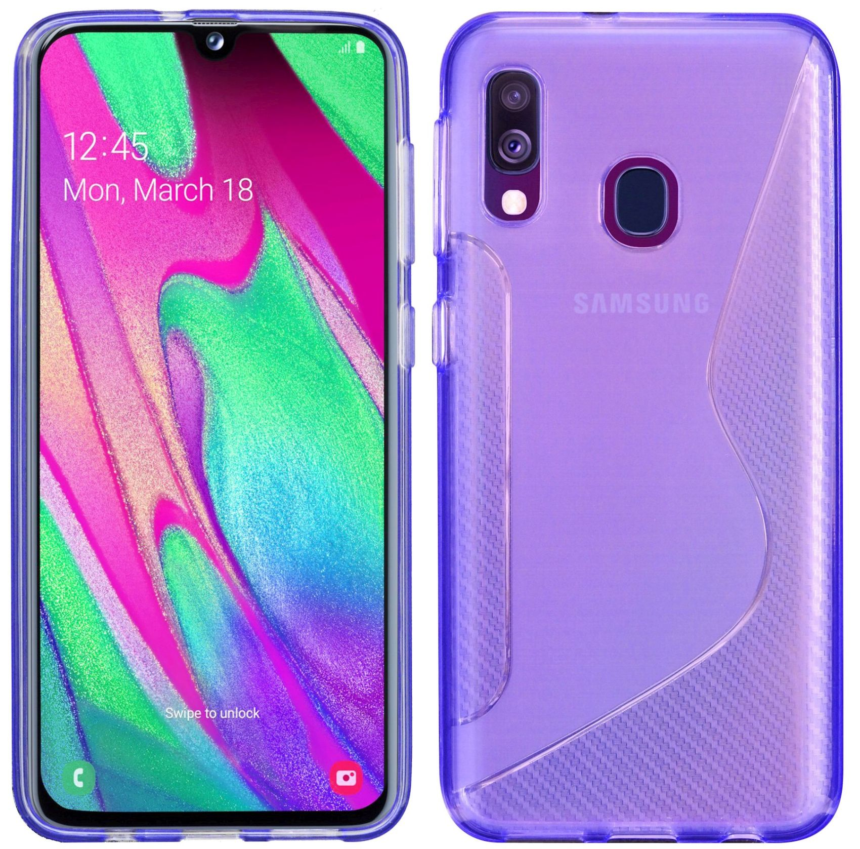 Lila Telefon in einer durchsichtigen Hülle. Der Bildschirm zeigt Uhrzeit und Datum. Die Rückseite hat eine Kamera und das Samsung-Logo.