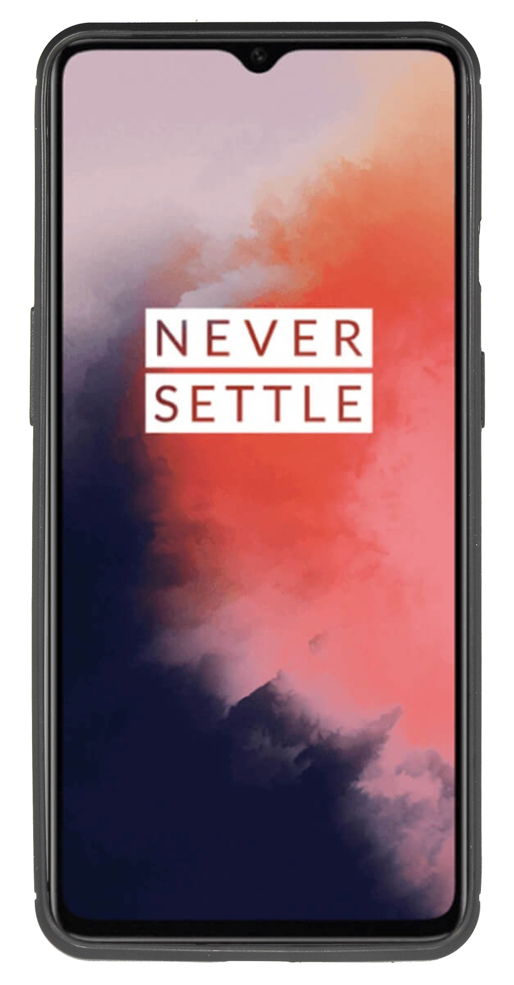 Schwarzes Telefon mit dem Text "NEVER SETTLE" auf einem rot, orange und lila Gradienten Hintergrund.
