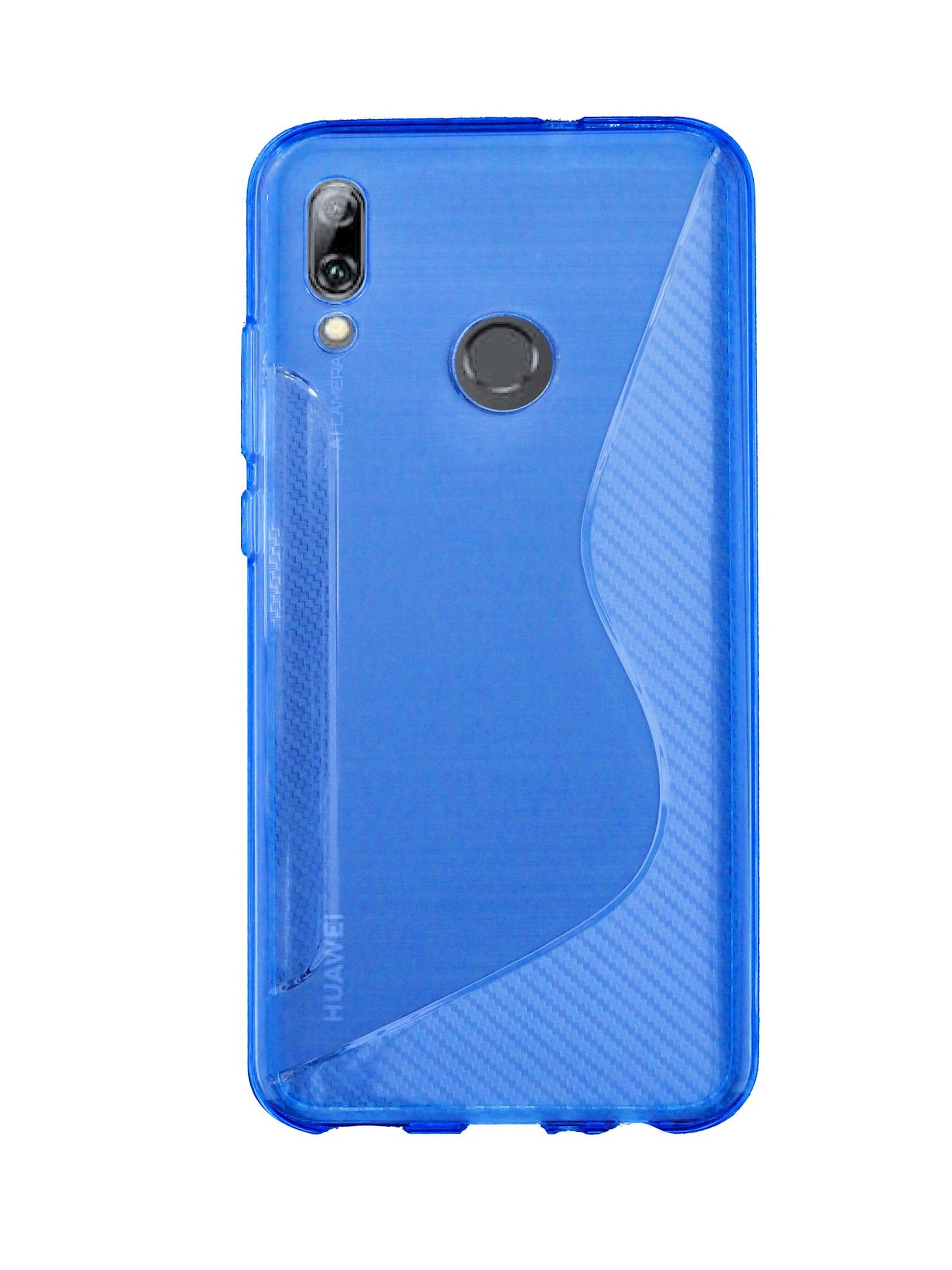Blaue Telefonhülle mit transparentem Rücken und Wellendesign. Kamera und Knöpfe des Telefons sind sichtbar.