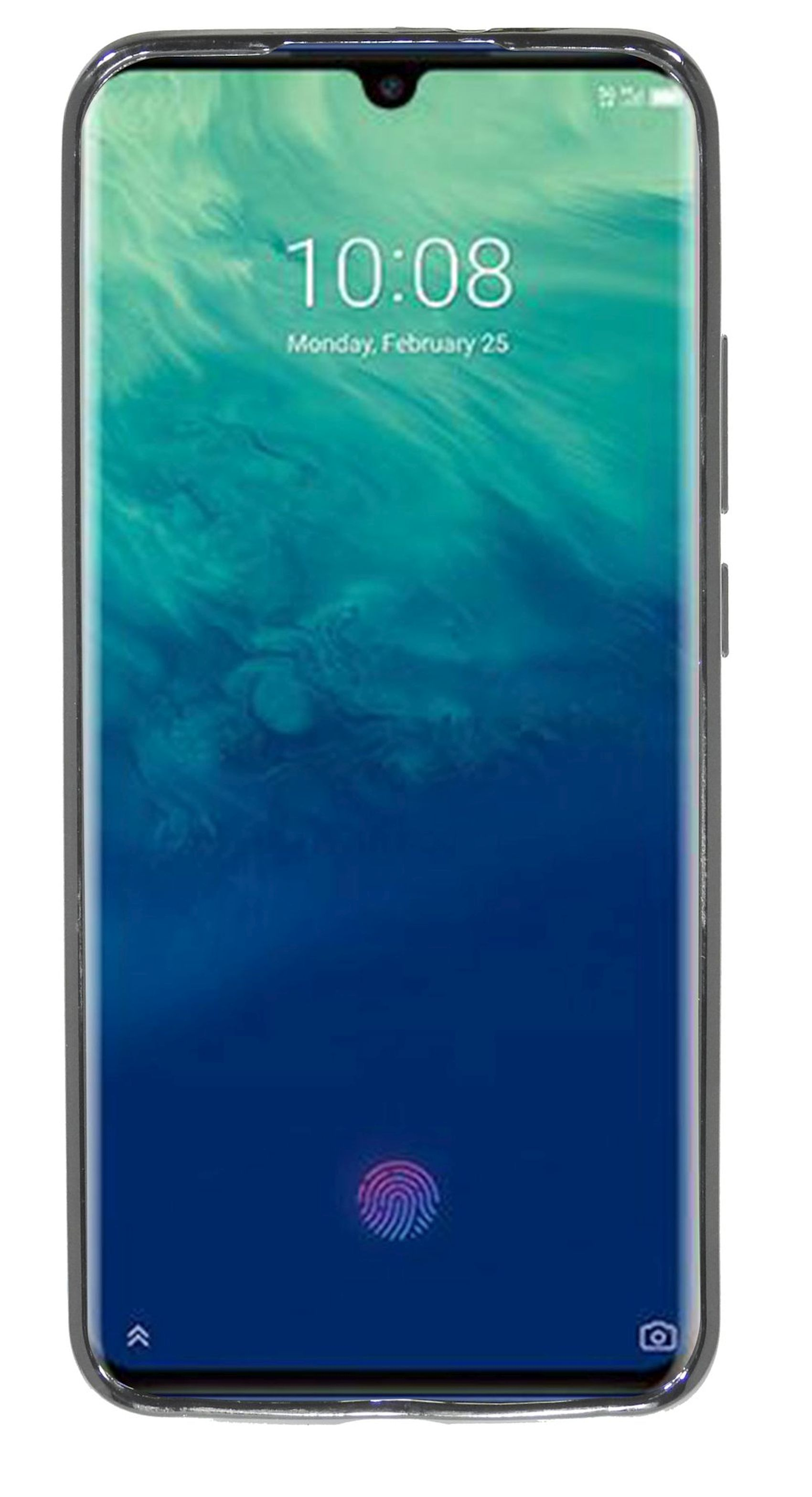 Ein Telefon in einer schwarzen Hülle mit einer Anzeige, die die Uhrzeit 10:08, Montag, 25. Februar, zeigt. Der Hintergrund ist blau.