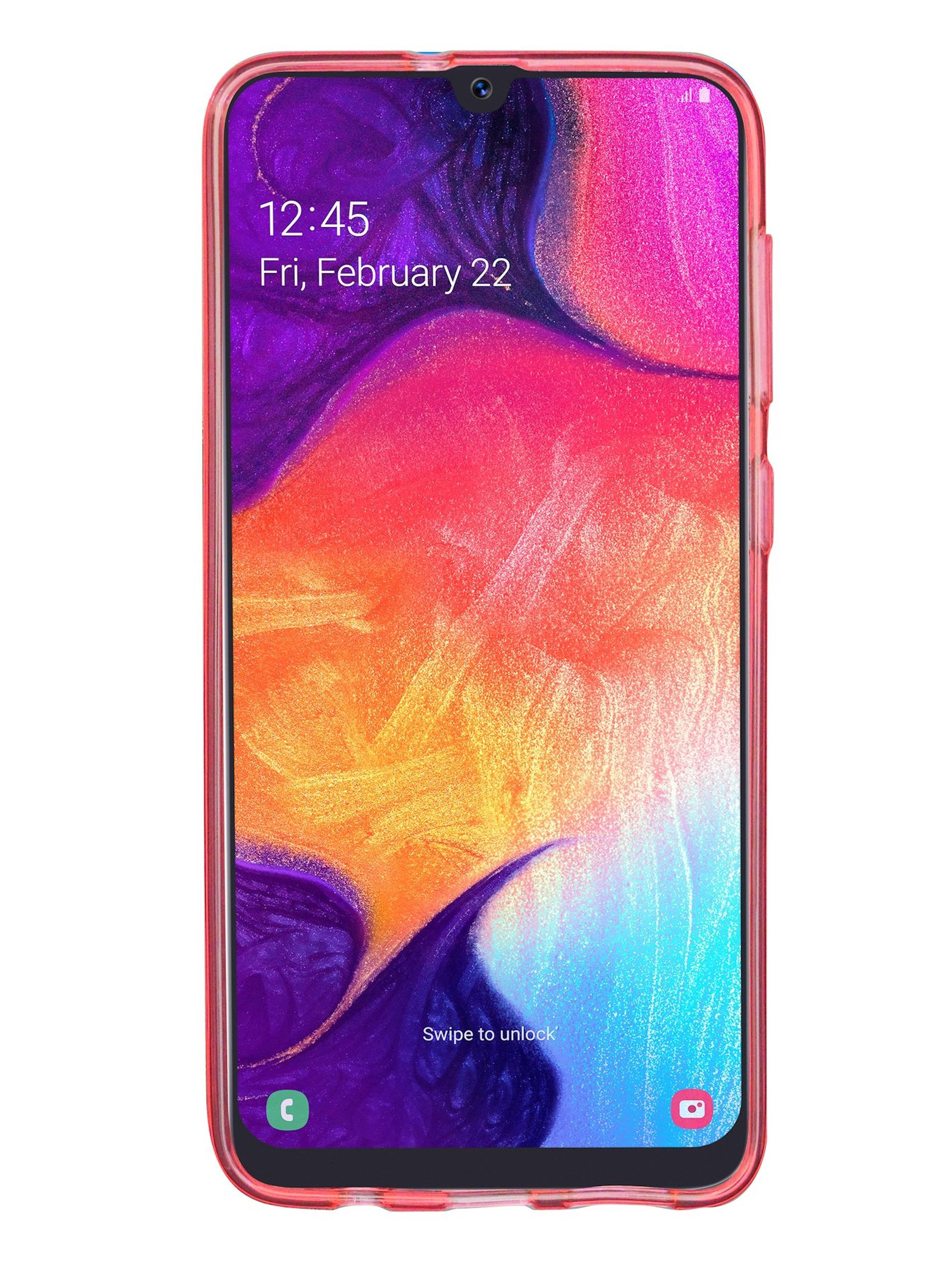 Rosafarbenes Telefon in einer transparenten Hülle, das Zeit und Datum auf dem Bildschirm anzeigt.