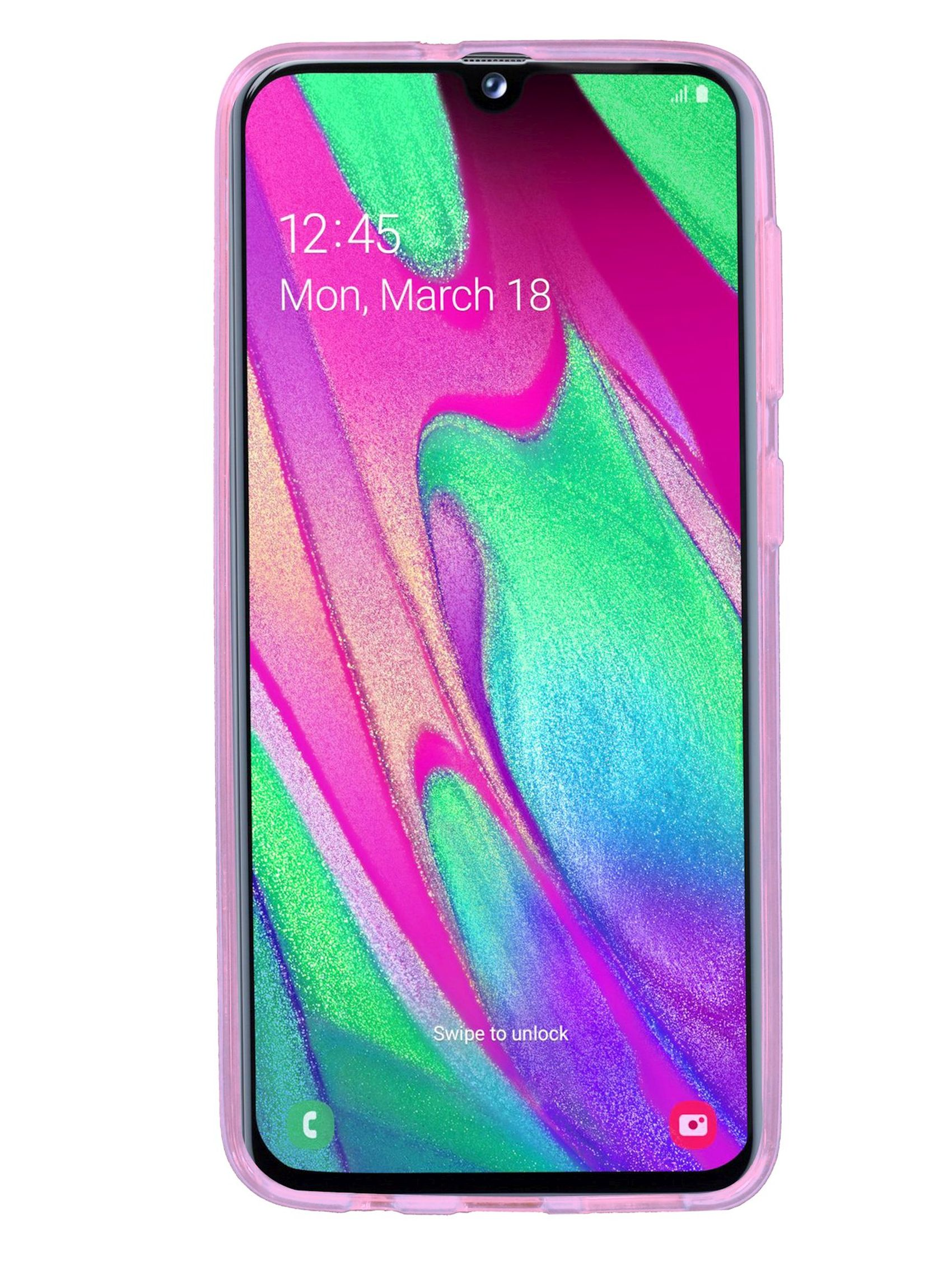 Rosafarbenes Telefon mit Hülle. Der Bildschirm zeigt ein farbenfrohes abstraktes Design und Datum/Uhrzeit.