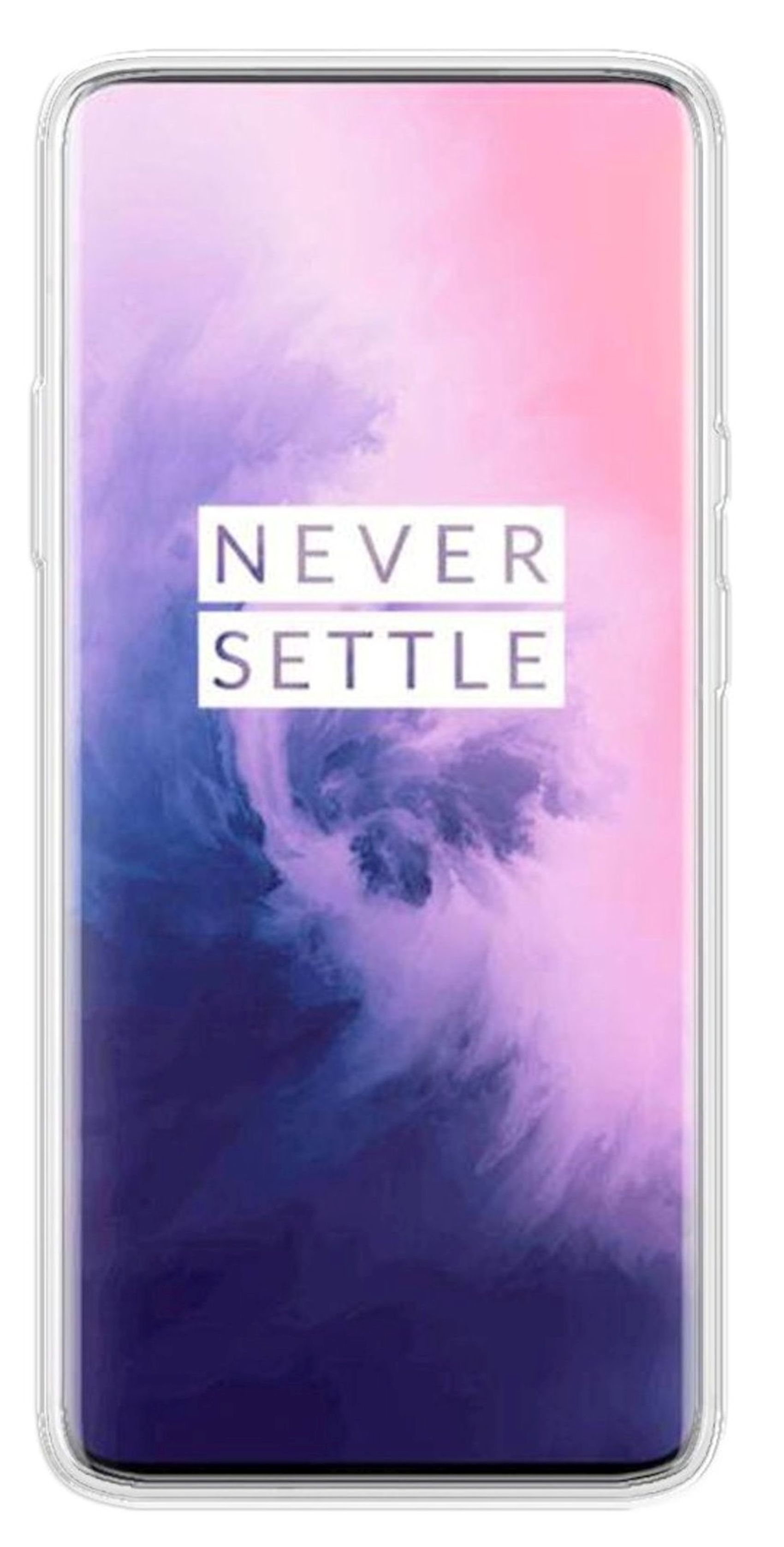 Ein Smartphone mit klarer Hülle. Der Bildschirm zeigt 'NEVER SETTLE' auf farbigem Grund.