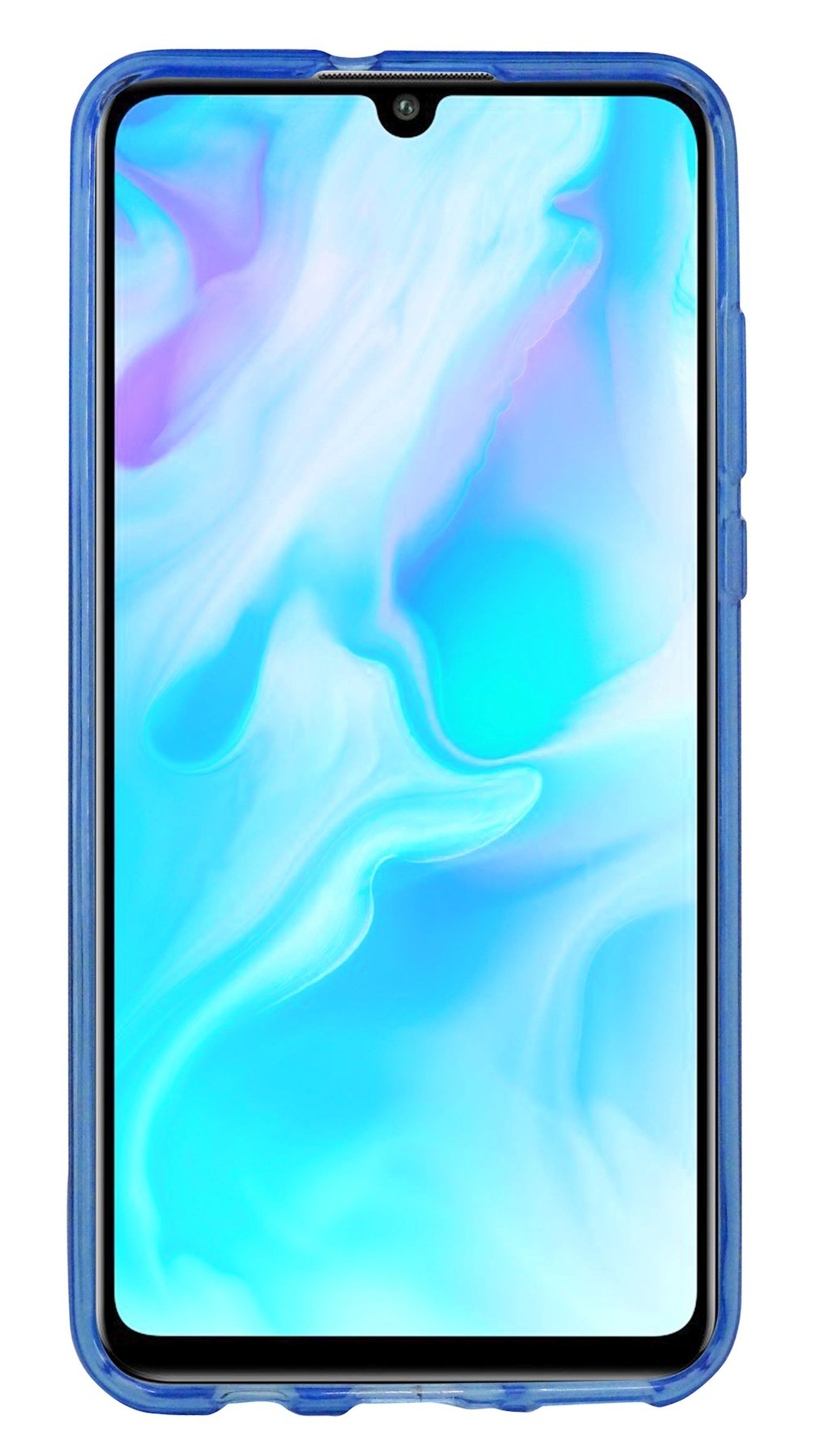 Ein Telefon mit einem blauen Rahmengehäuse. Der Bildschirm zeigt ein farbenfrohes abstraktes Bild.