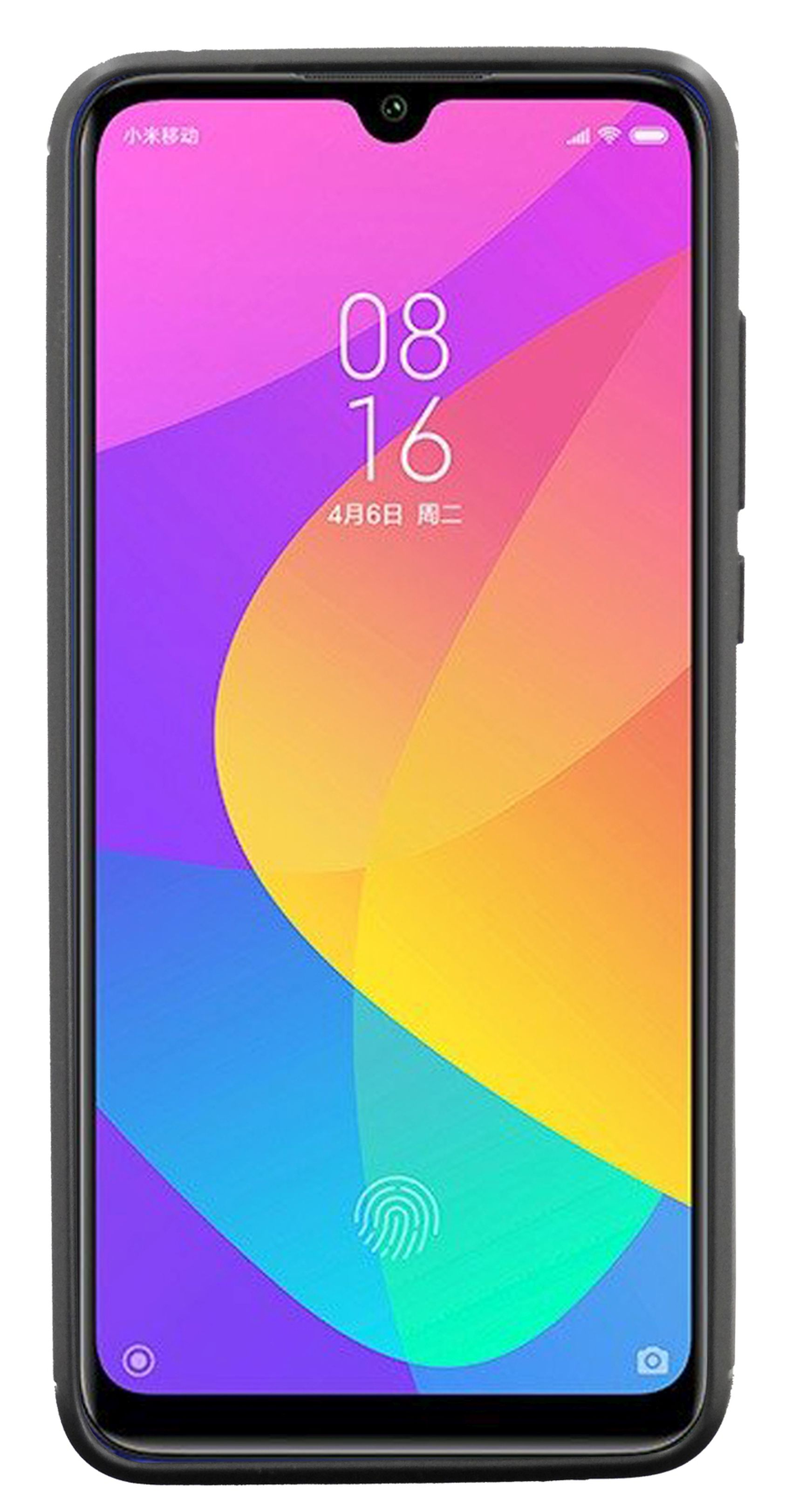 Ein Telefon mit einem bunten Hintergrund. Der Bildschirm zeigt die Uhrzeit und das Datum.