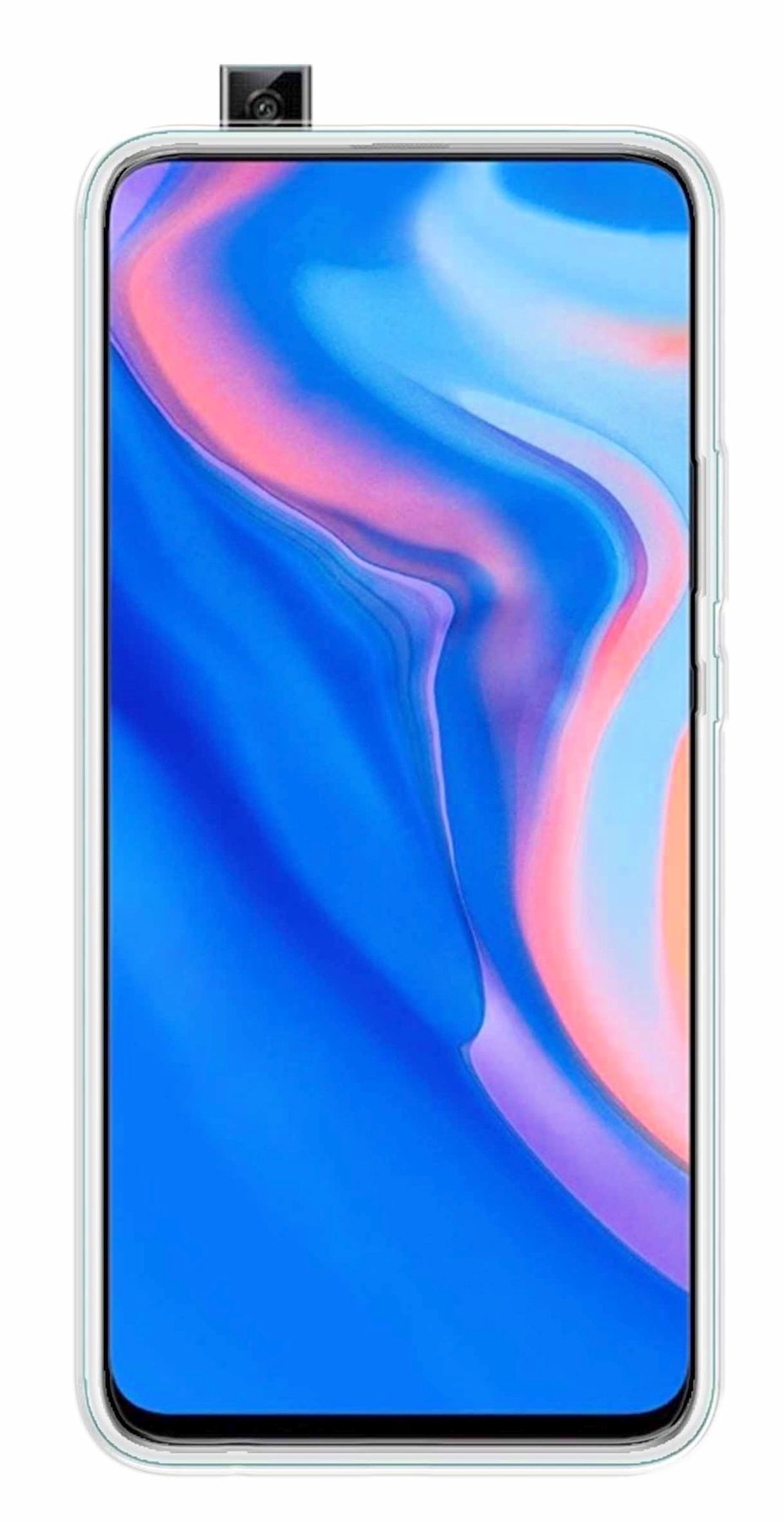 Ein Telefon in einer durchsichtigen Hülle. Das Telefon hat eine Pop-up-Kamera.