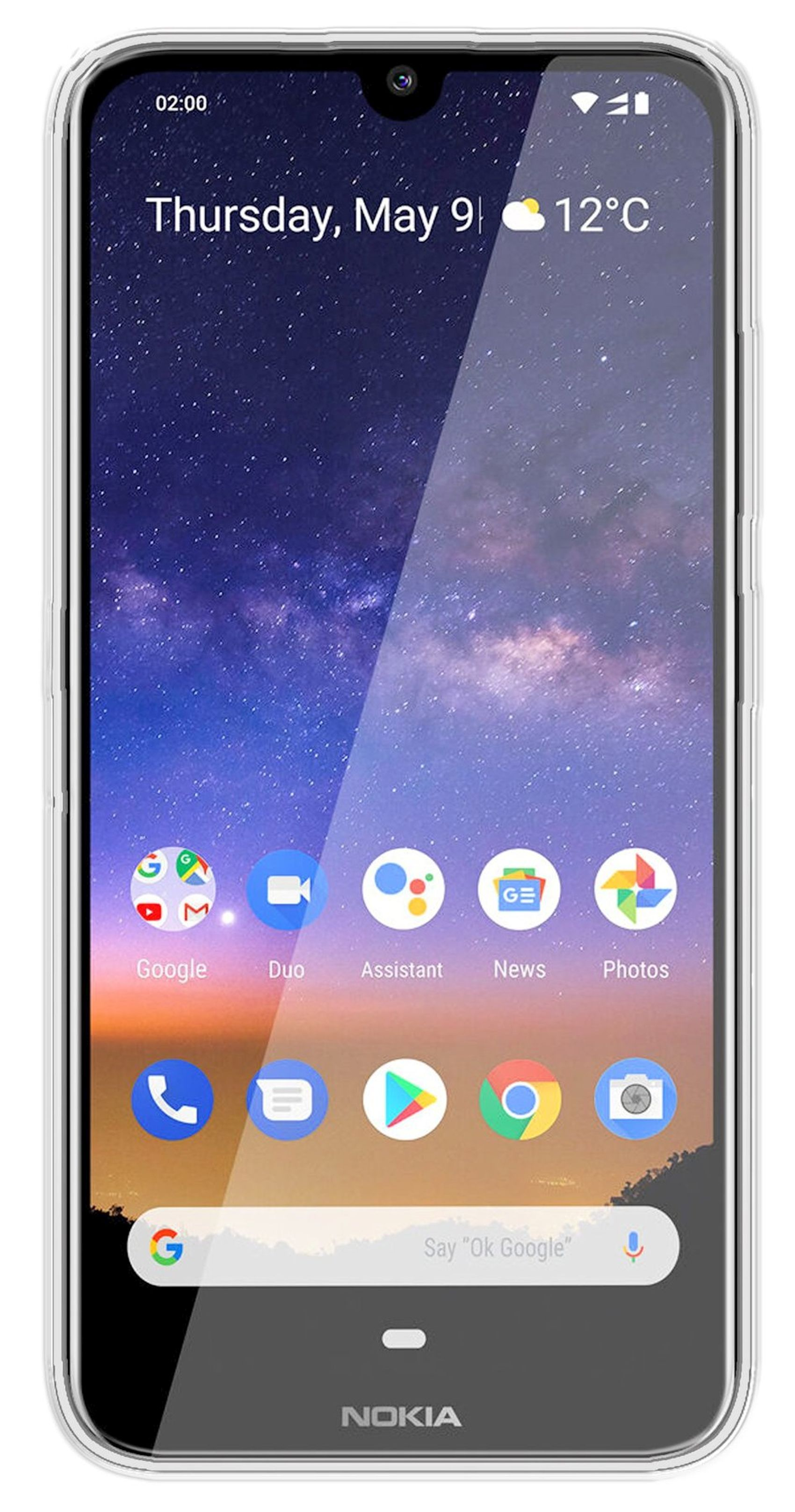Smartphone-Bildschirm zeigt Uhrzeit, Datum, Wetter und App-Symbole auf sternenklarem Hintergrund.