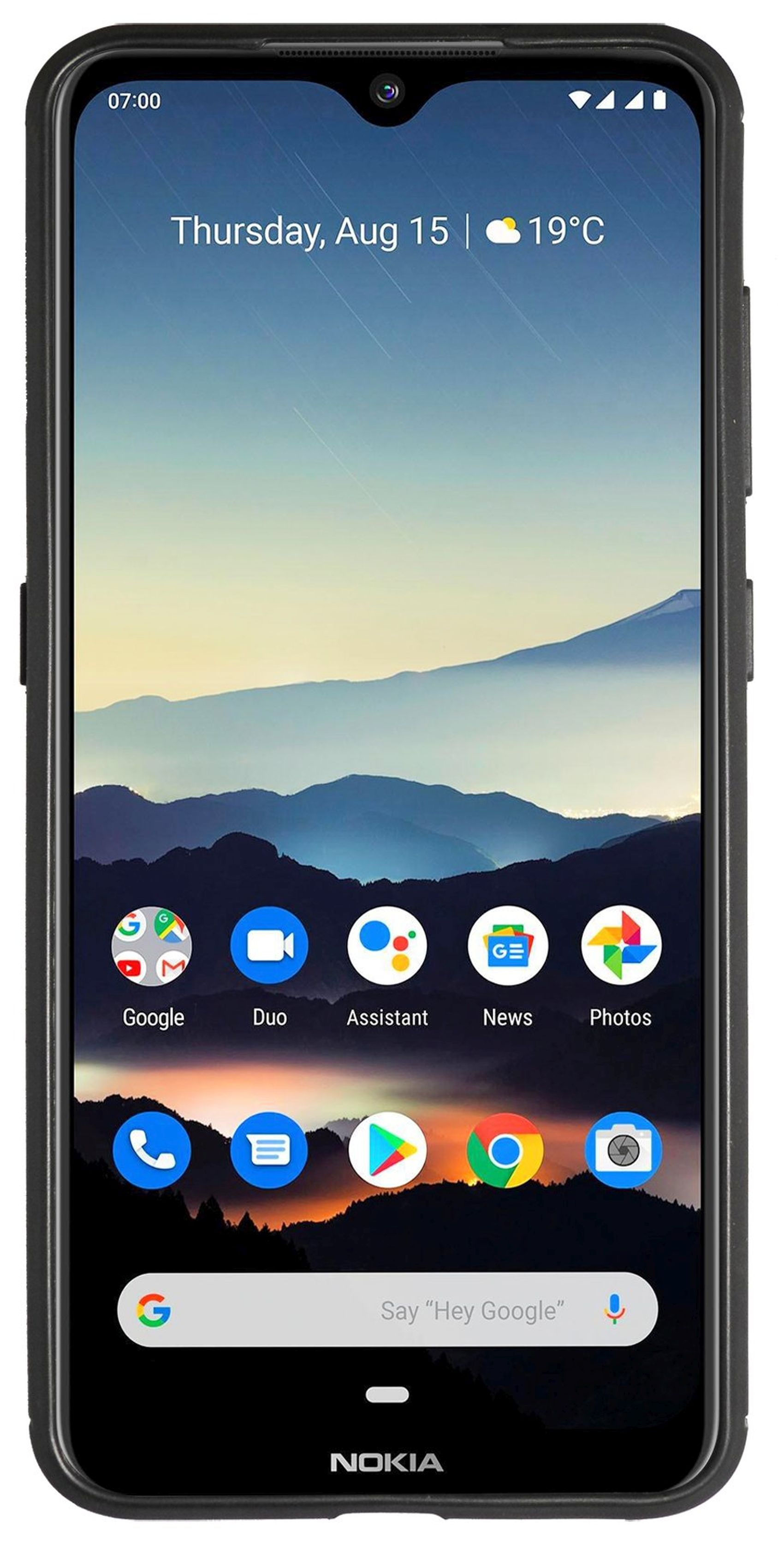 Nokia-Smartphone in schwarzem Gehäuse. Der Bildschirm zeigt eine Wetter-App, Datum und Uhrzeit an.