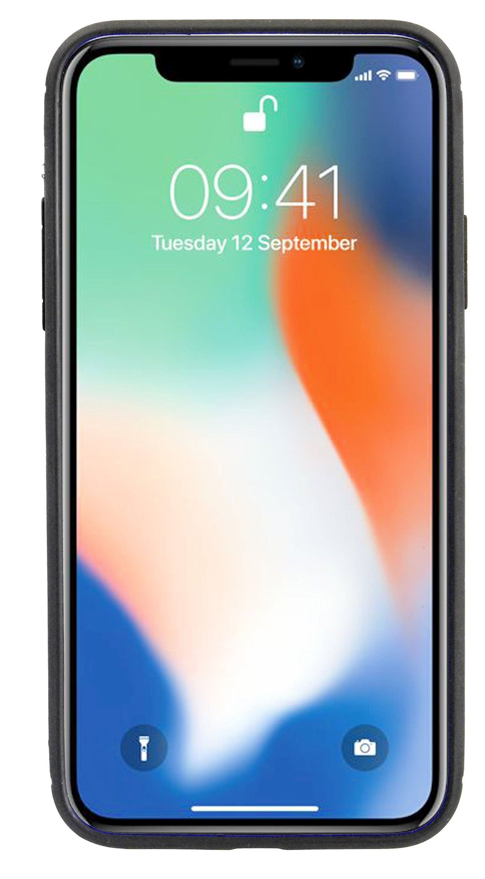 iPhone-Bildschirm mit farbenfroher Grafik. Uhrzeit ist 09:41, Datum ist 12. September. Schwarzes Case.