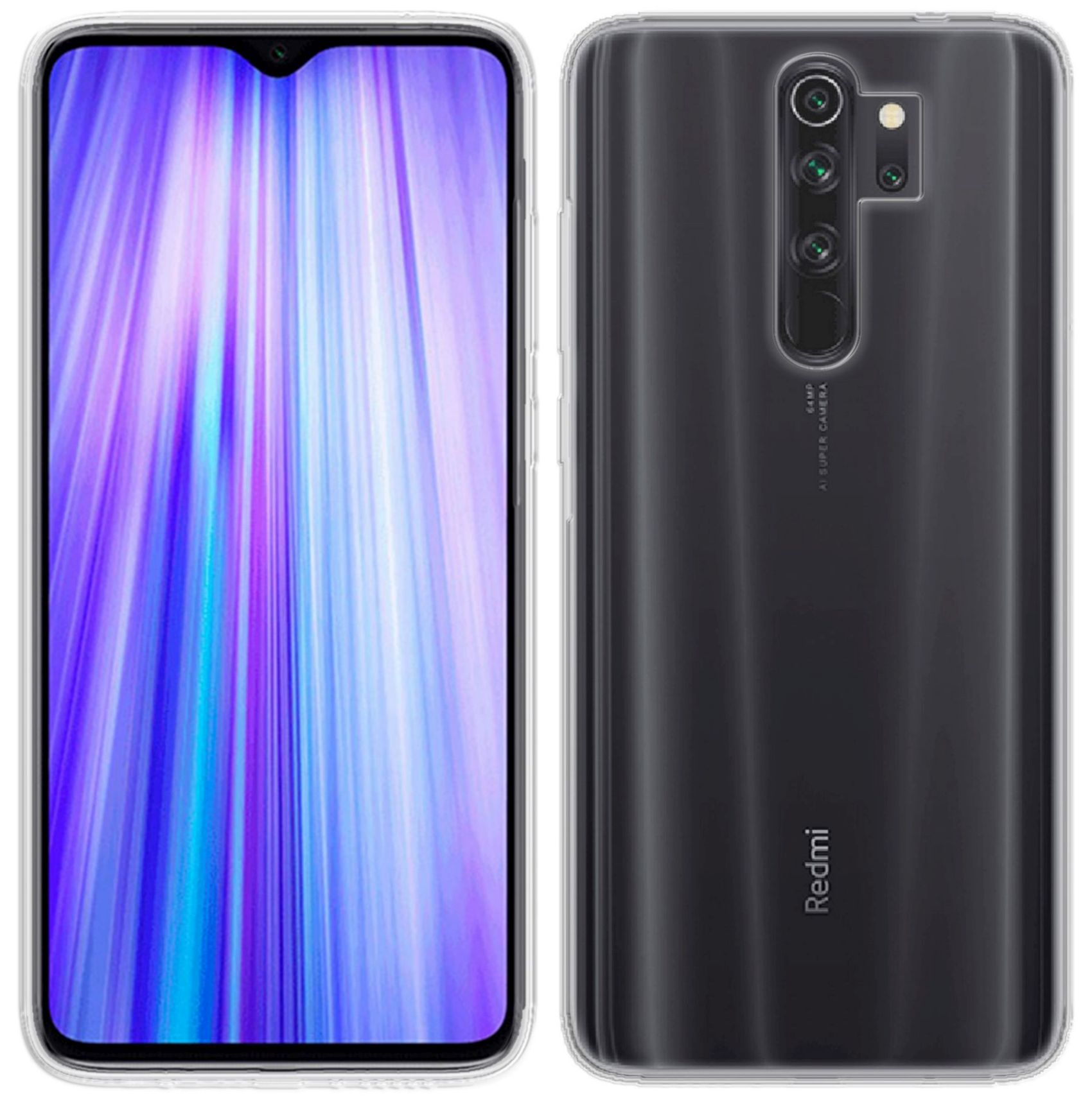 Transparente Handyhülle. Das Telefon zeigt eine schwarze Rückseite mit einer Kamera. Das Wort Redmi ist sichtbar.