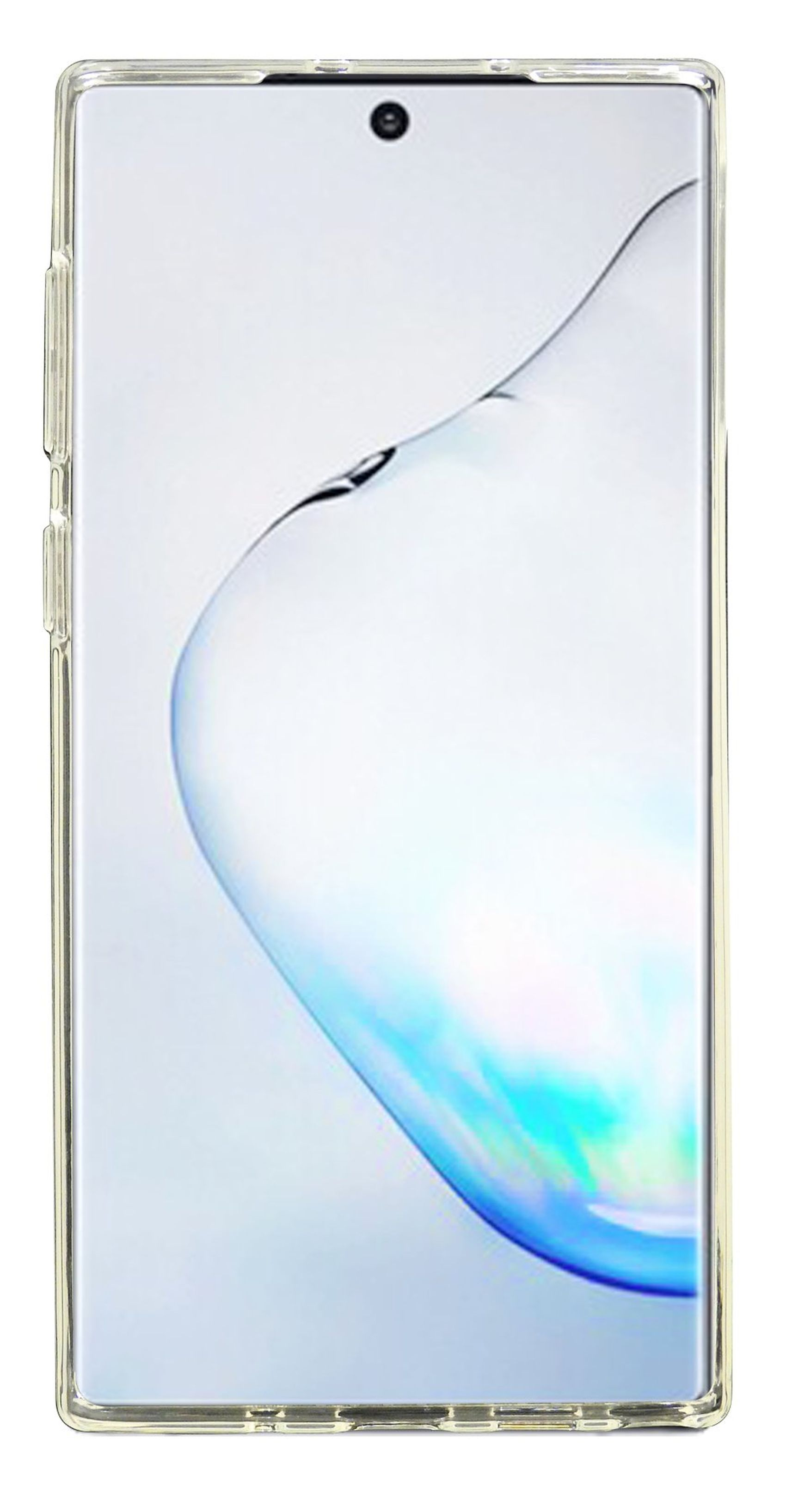 Ein Smartphone in einer durchsichtigen Hülle mit einem Bildschirm, der ein blaues und weißes abstraktes Bild zeigt. Die Hülle hat Seitentasten.