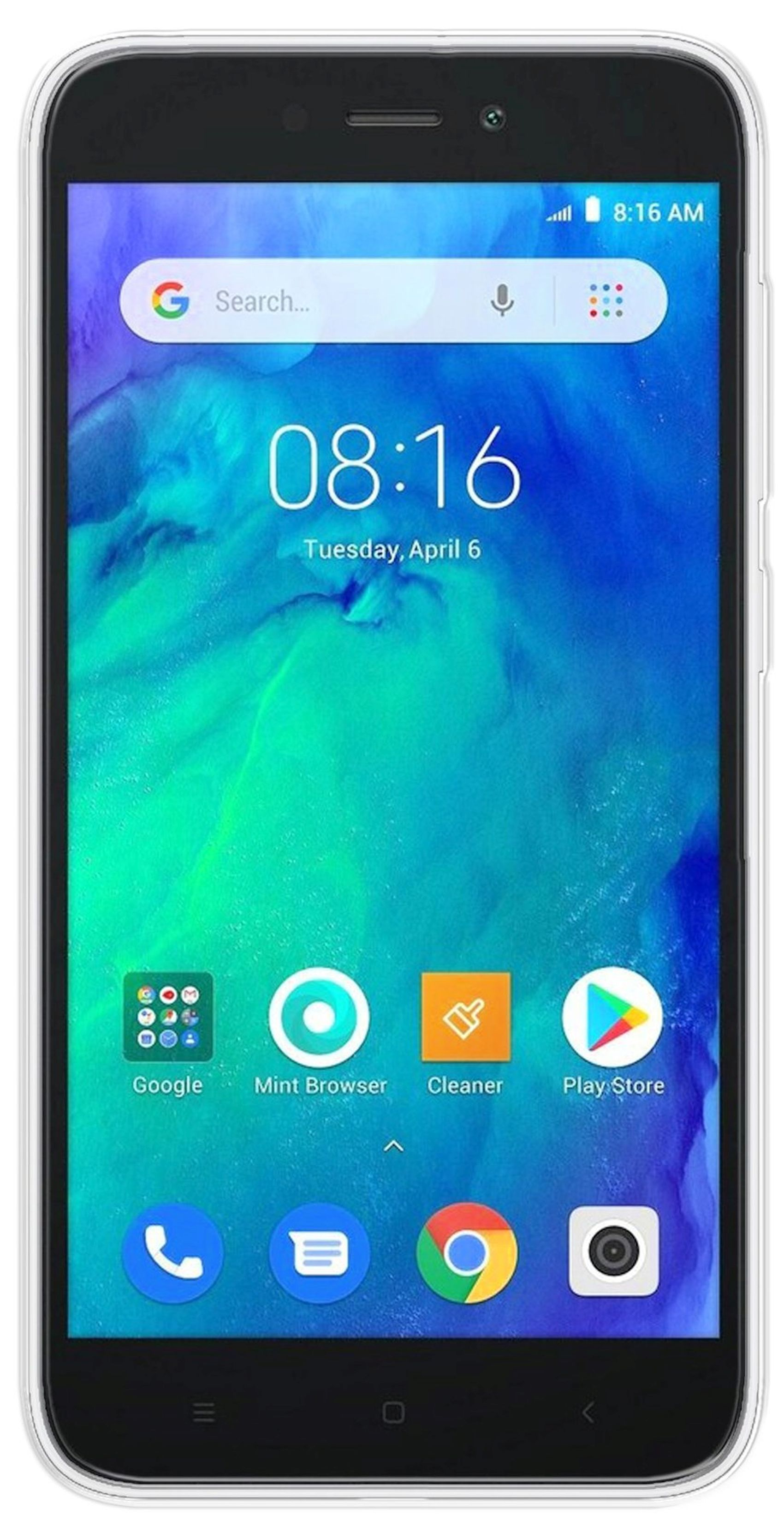 Schwarzes Smartphone mit Uhrzeit, Apps und blauem Hintergrund.