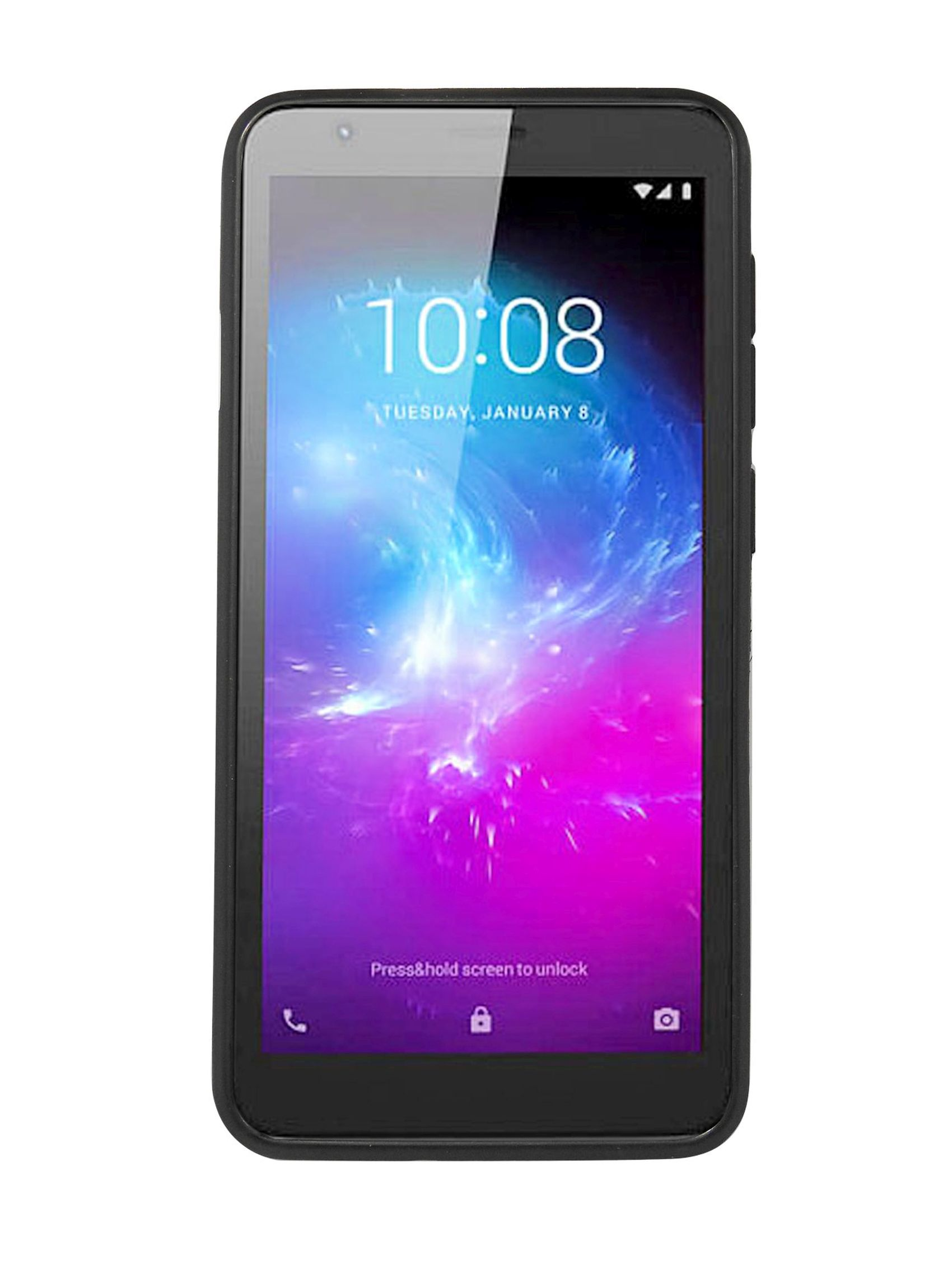 Schwarzes Smartphone mit lebendigem Bildschirm, der Uhrzeit und Datum anzeigt. Weißer Hintergrund.