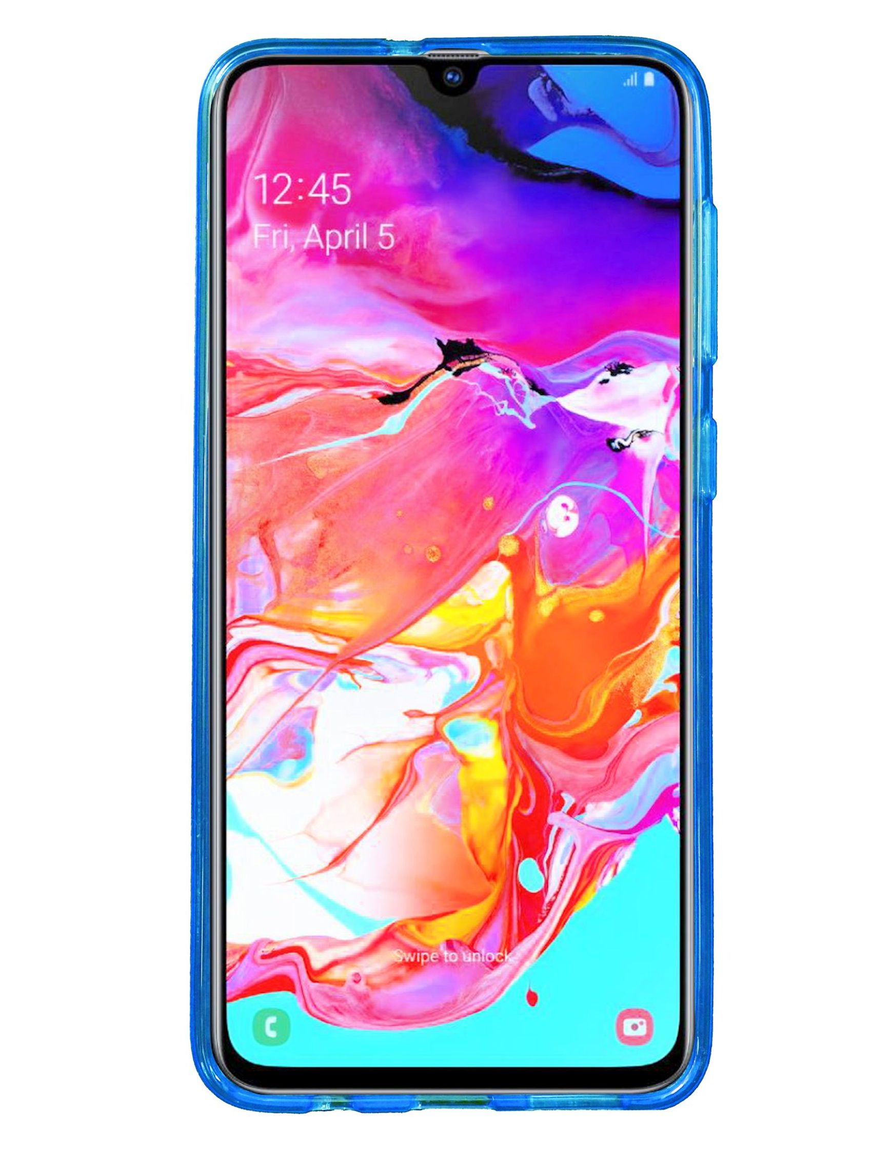 Ein Smartphone mit blauem Gehäuse. Der Bildschirm zeigt ein farbenfrohes abstraktes Bild.