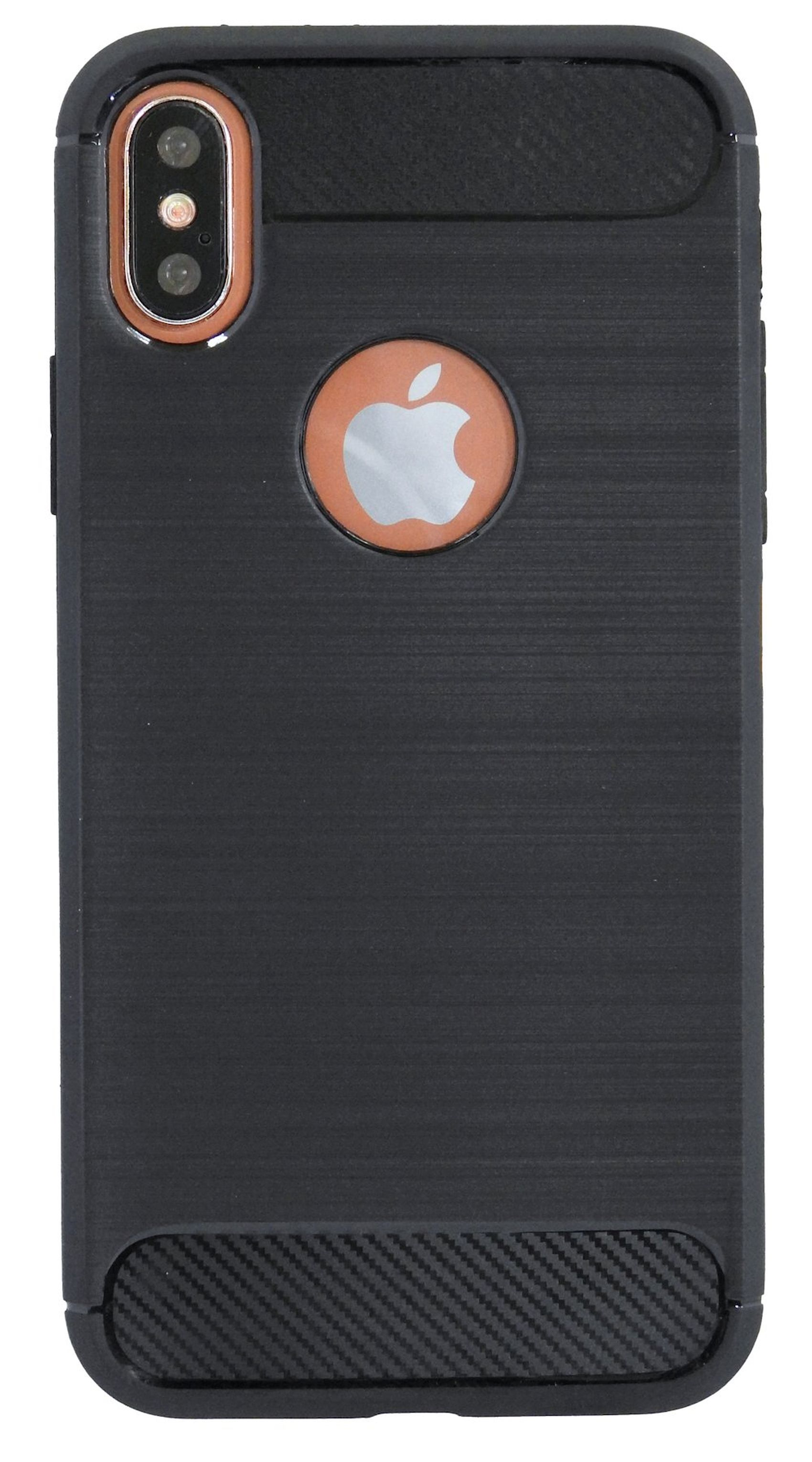 Schwarze Handyhülle mit Karbonfaser-Design und Apple-Logo. Der Kamerabereich ist braun.
