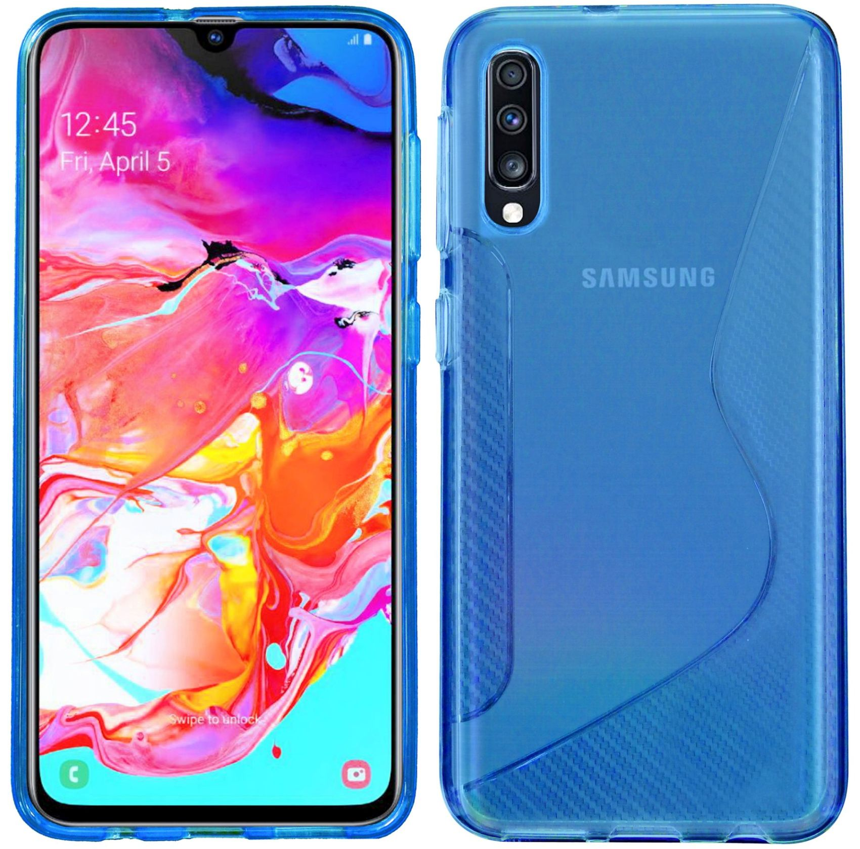 Blaues Telefon in klarer Hülle. Bildschirm zeigt rosa-farbenes abstraktes Bild. Rückseite hat Samsung-Logo und Kameras.