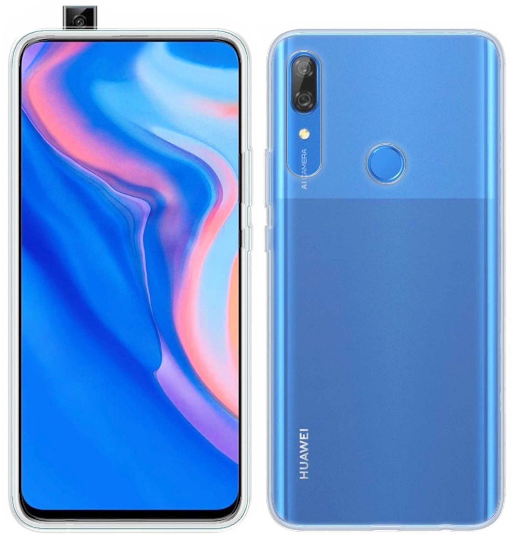 Smartphone in transparentem Gehäuse, zeigt blauen Bildschirm mit Huawei-Logo und Dual-Kamera.