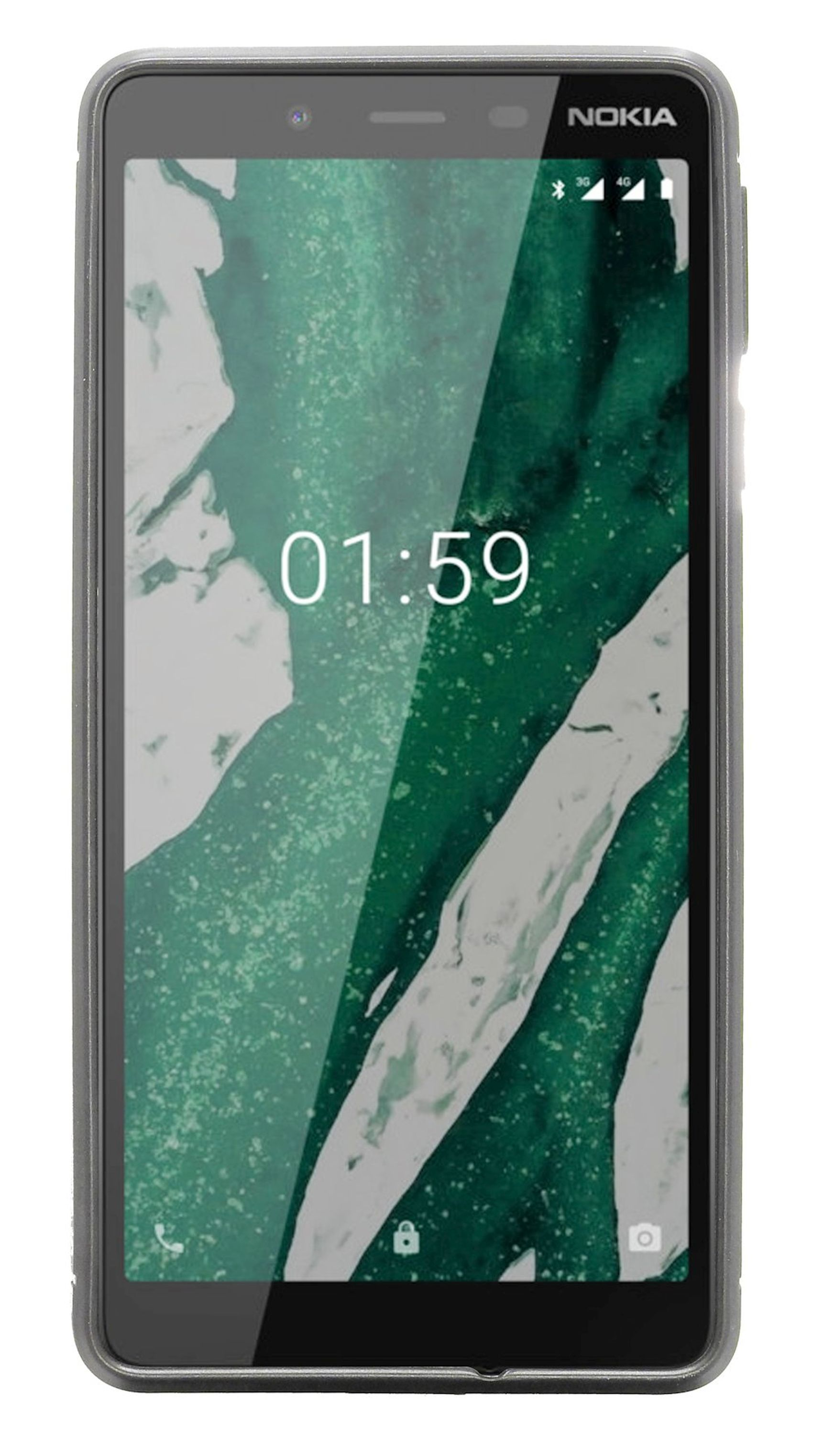 Nokia Smartphone mit klarer Hülle, zeigt ein grün-weißes Muster auf dem Bildschirm und Zeit.