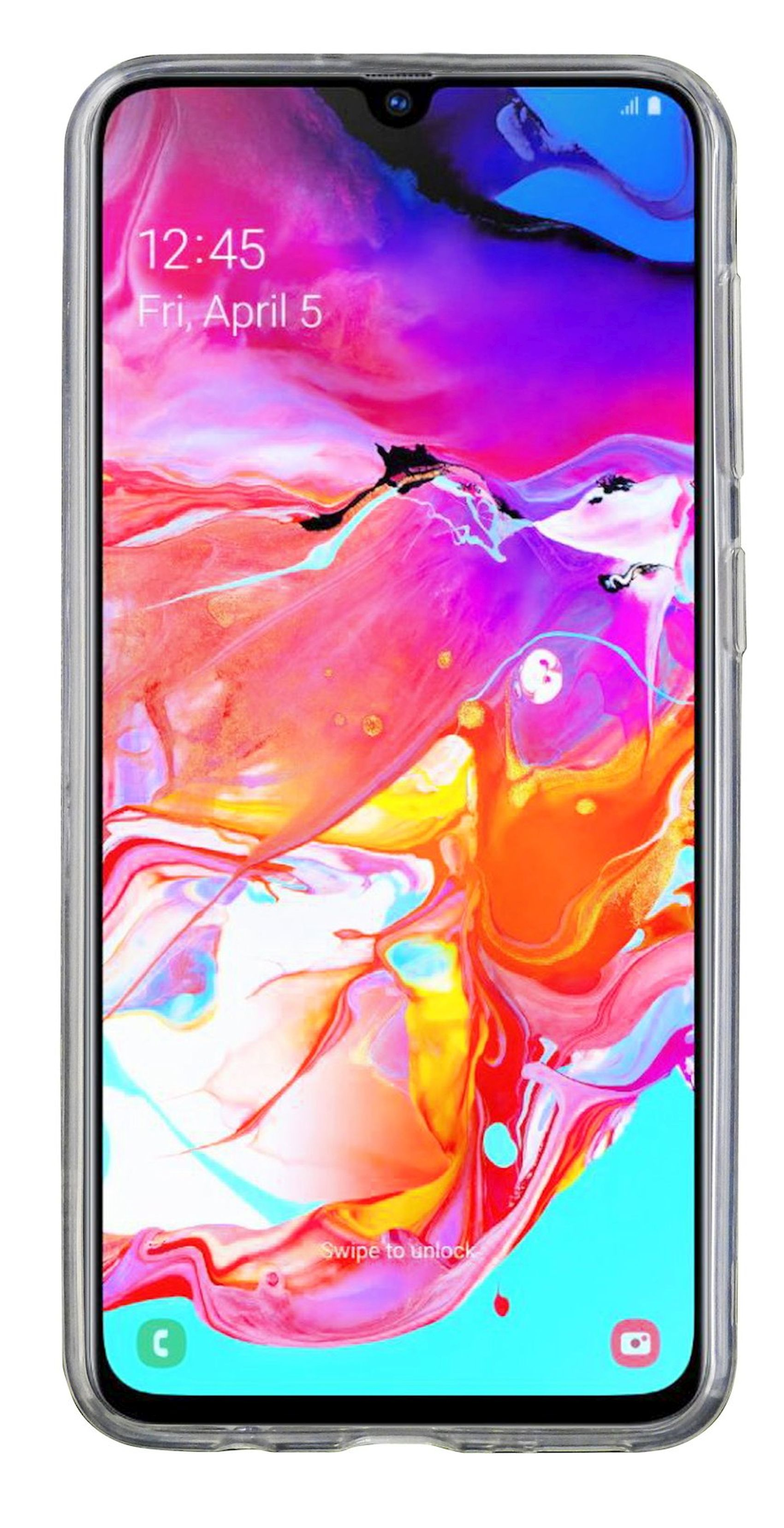 Telefon in transparenter Hülle mit lebendigem, abstraktem Bild. Die Benutzeroberfläche zeigt Zeit und Datum.