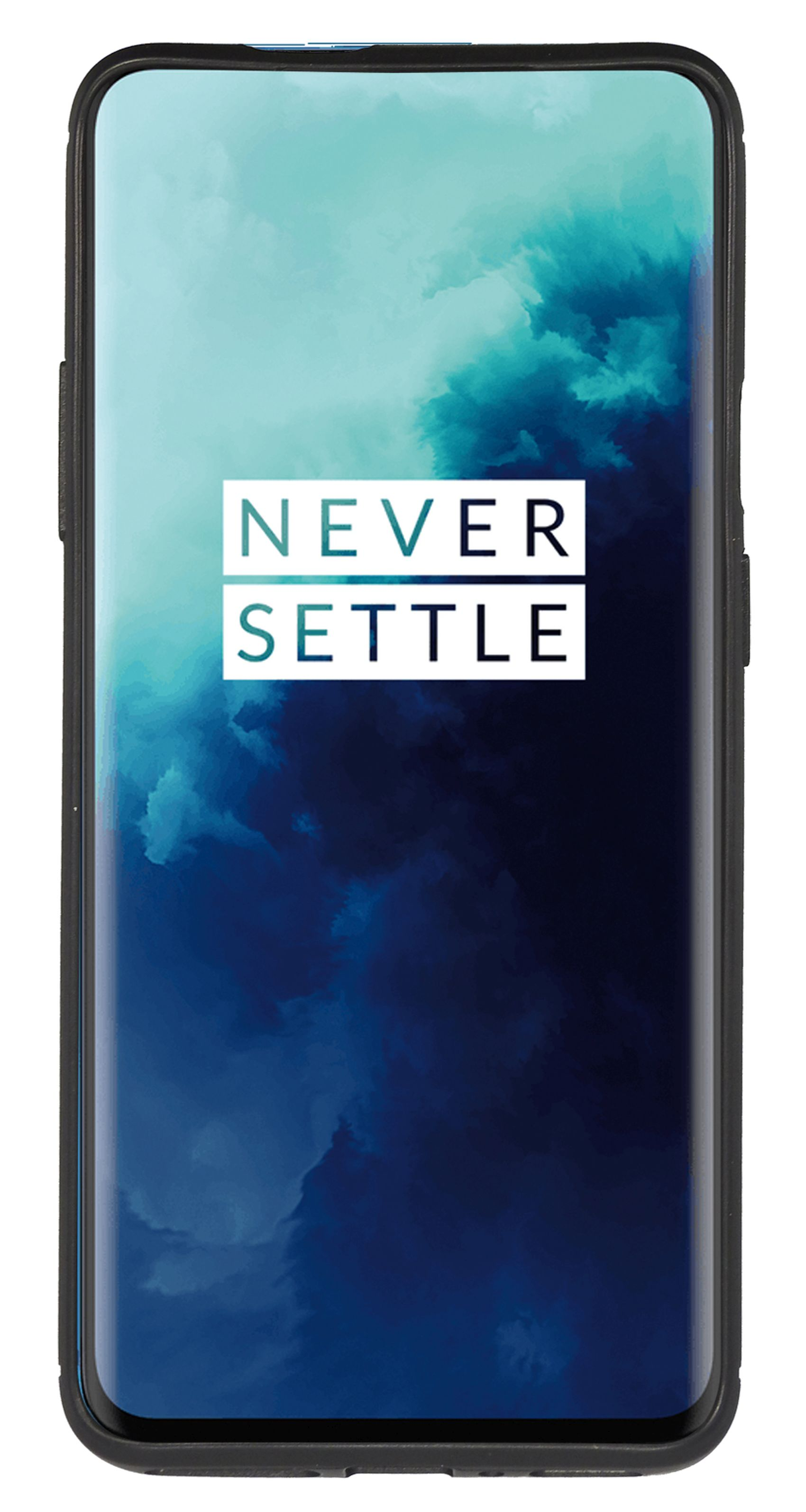 Smartphone mit schwarzem Gehäuse zeigt Never Settle Logo. Bildschirm zeigt blau-weißen Hintergrund.