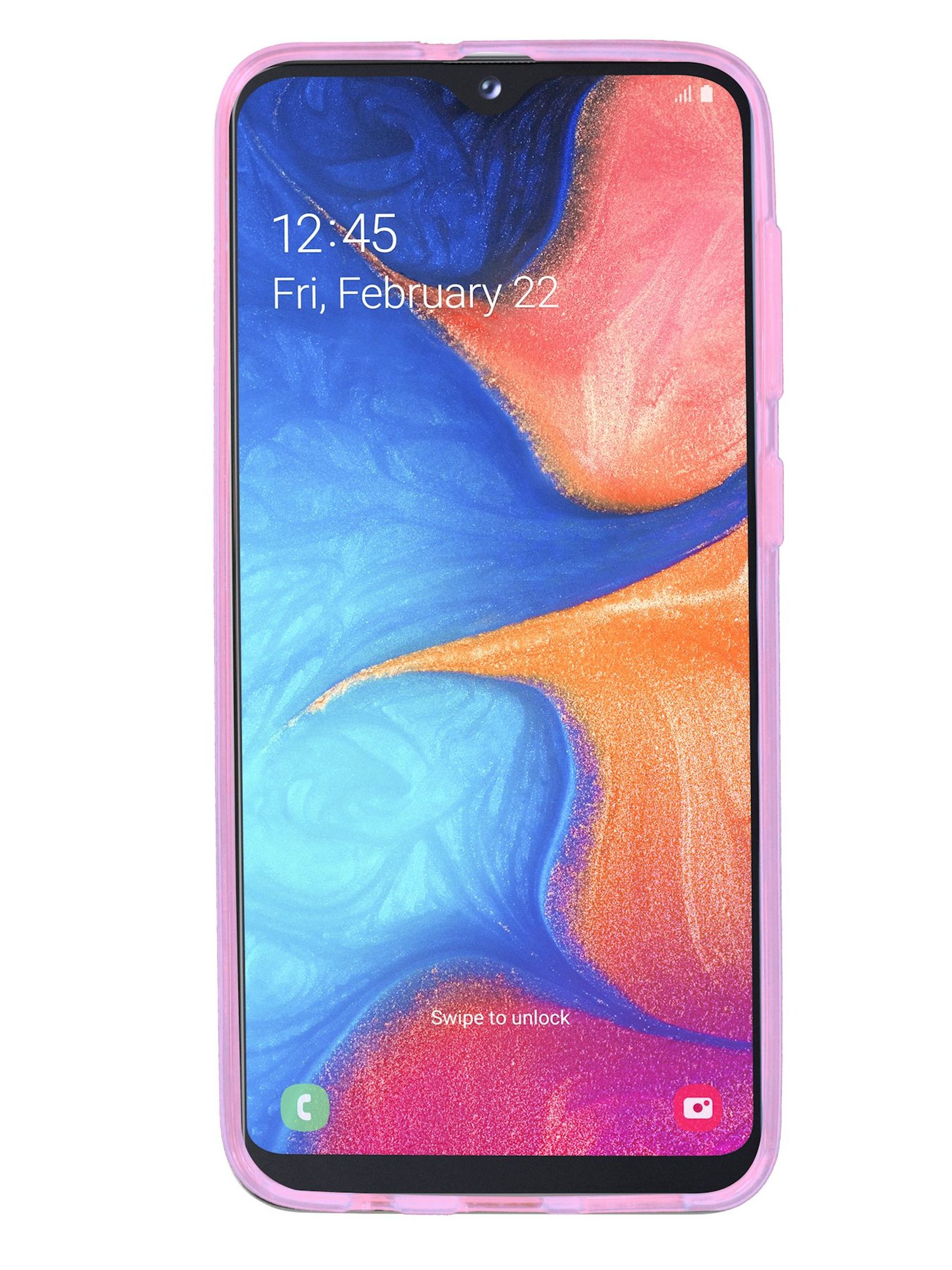 Rosa Handyhülle mit einem Telefon, das einen farbenfrohen Hintergrund anzeigt, die Uhrzeit ist 12:45.