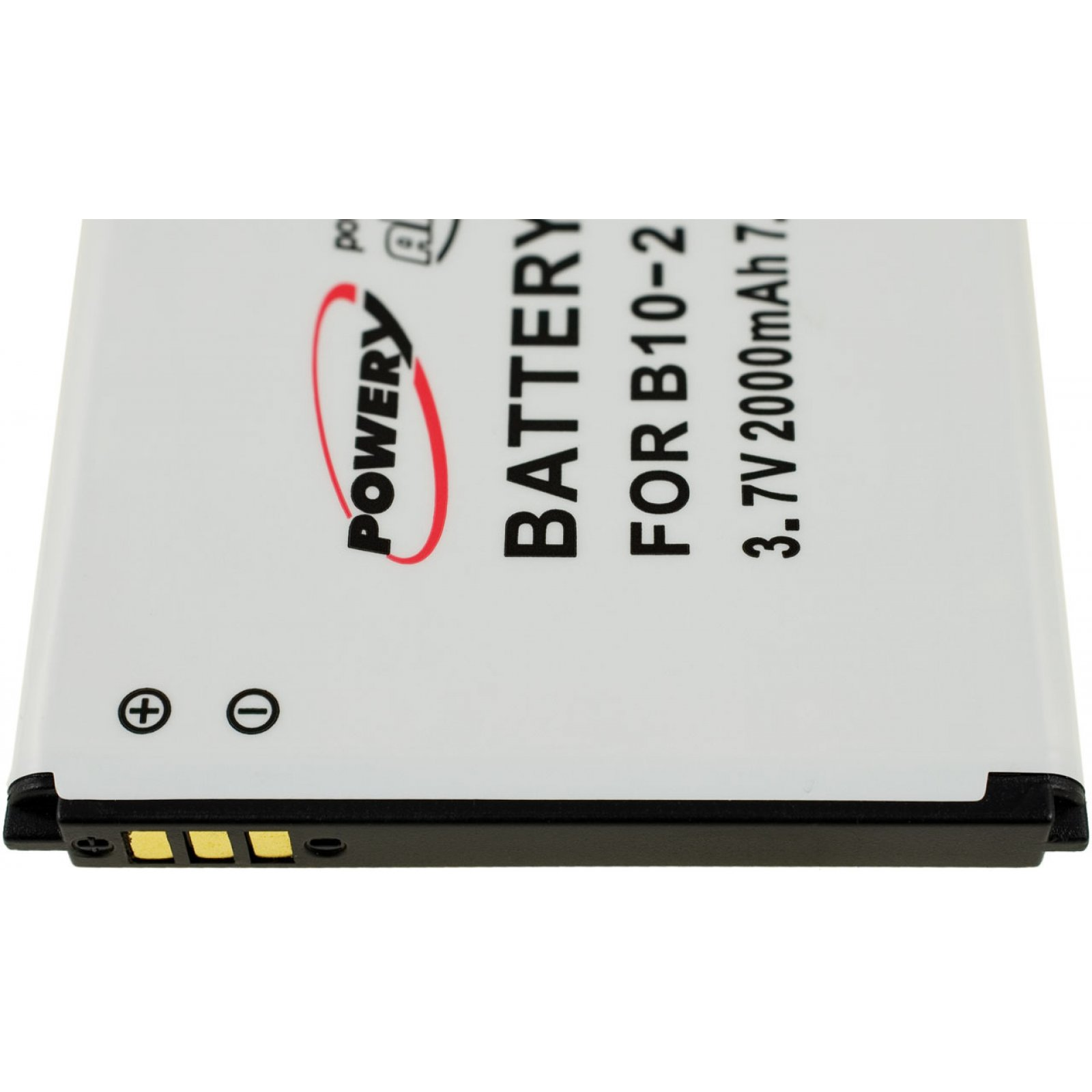 Una batería blanca etiquetada 'Powery' con el texto 'BATTERY FOR B10-2' y '3.7V 2000mAh 7.4Wh'.