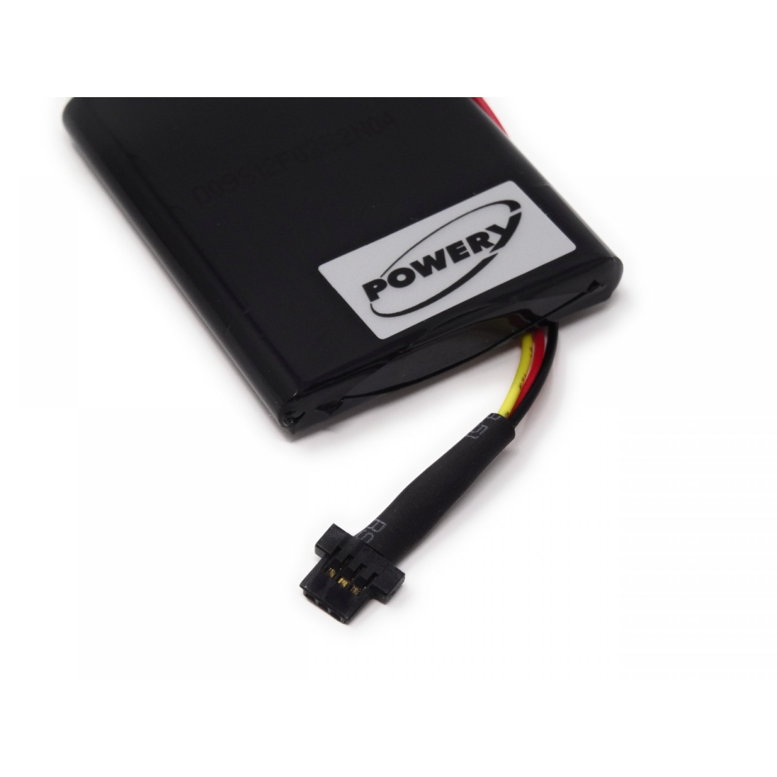 Paquete de batería negro con etiqueta 'POWERY' y conector con cables. El fondo es blanco.
