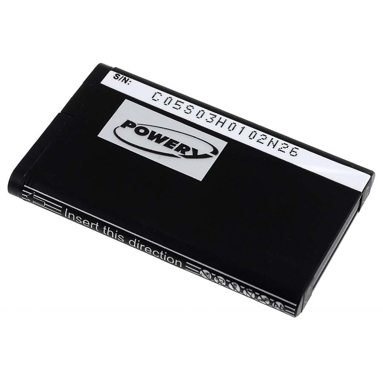 Batería negra rectangular con etiqueta blanca y texto. Dice 'POWER' e 'Insert this direction'.