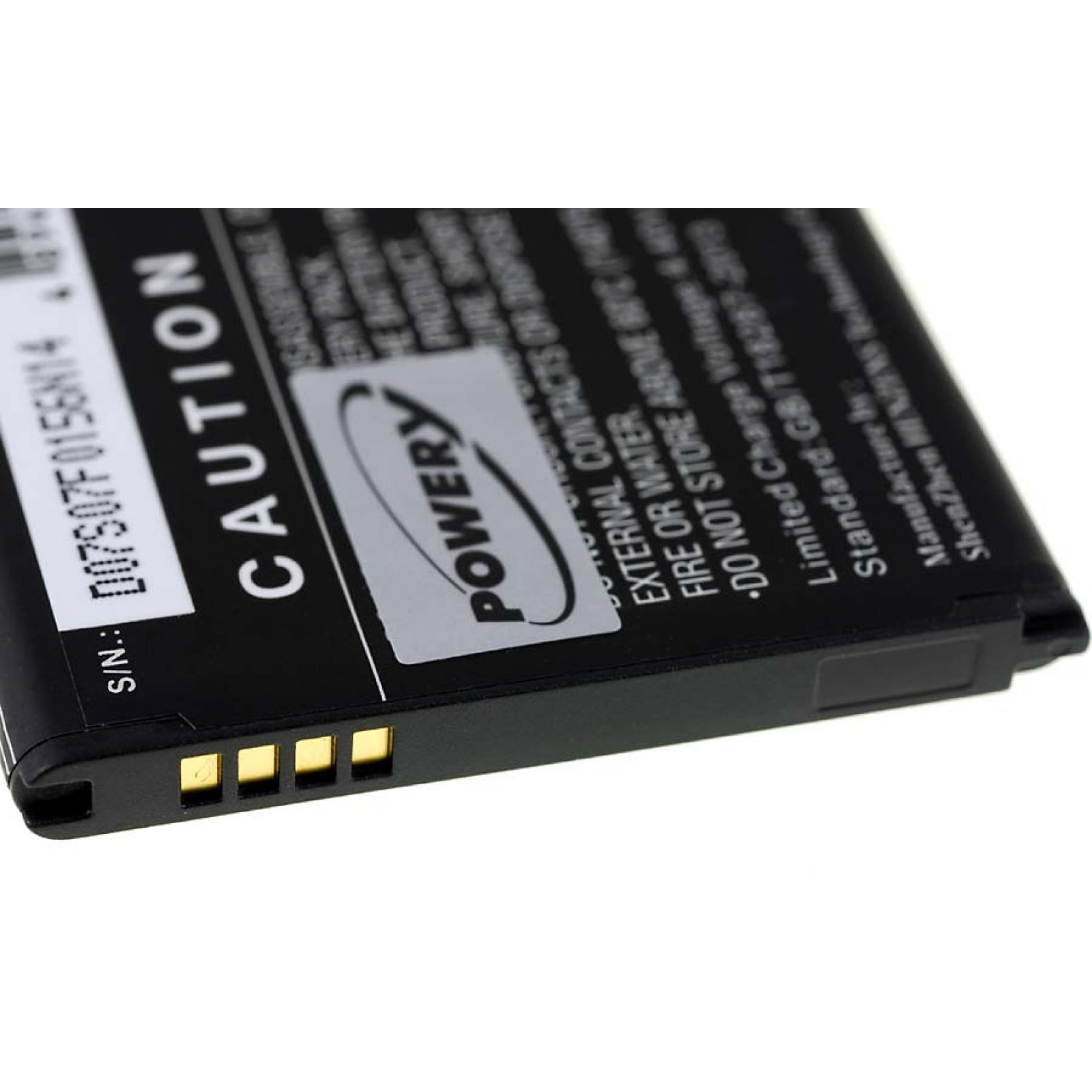 Batería negra con conectores dorados. El texto dice 'Caution' y 'Powery'. Fondo blanco.