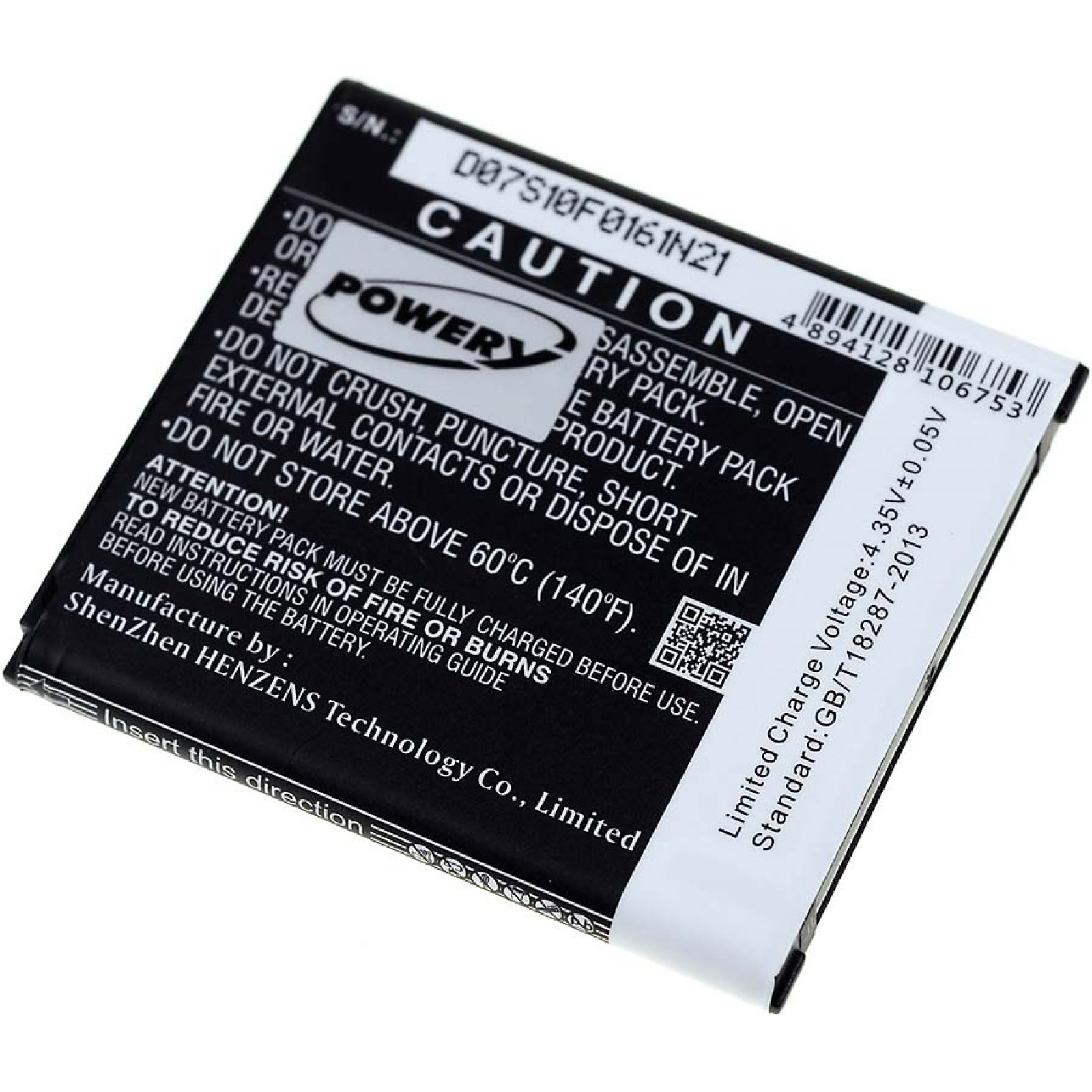 Una batería negra con texto blanco, incluida la palabra 'CAUTION'. La batería está etiquetada como 'D07S10F0161H21'.
