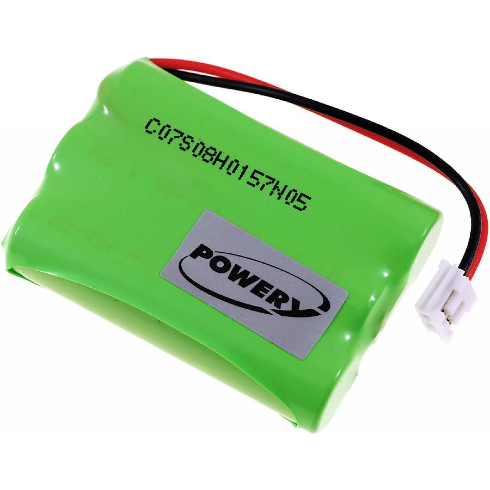 Una batería verde con cables negros y rojos y la etiqueta "POWERY".
