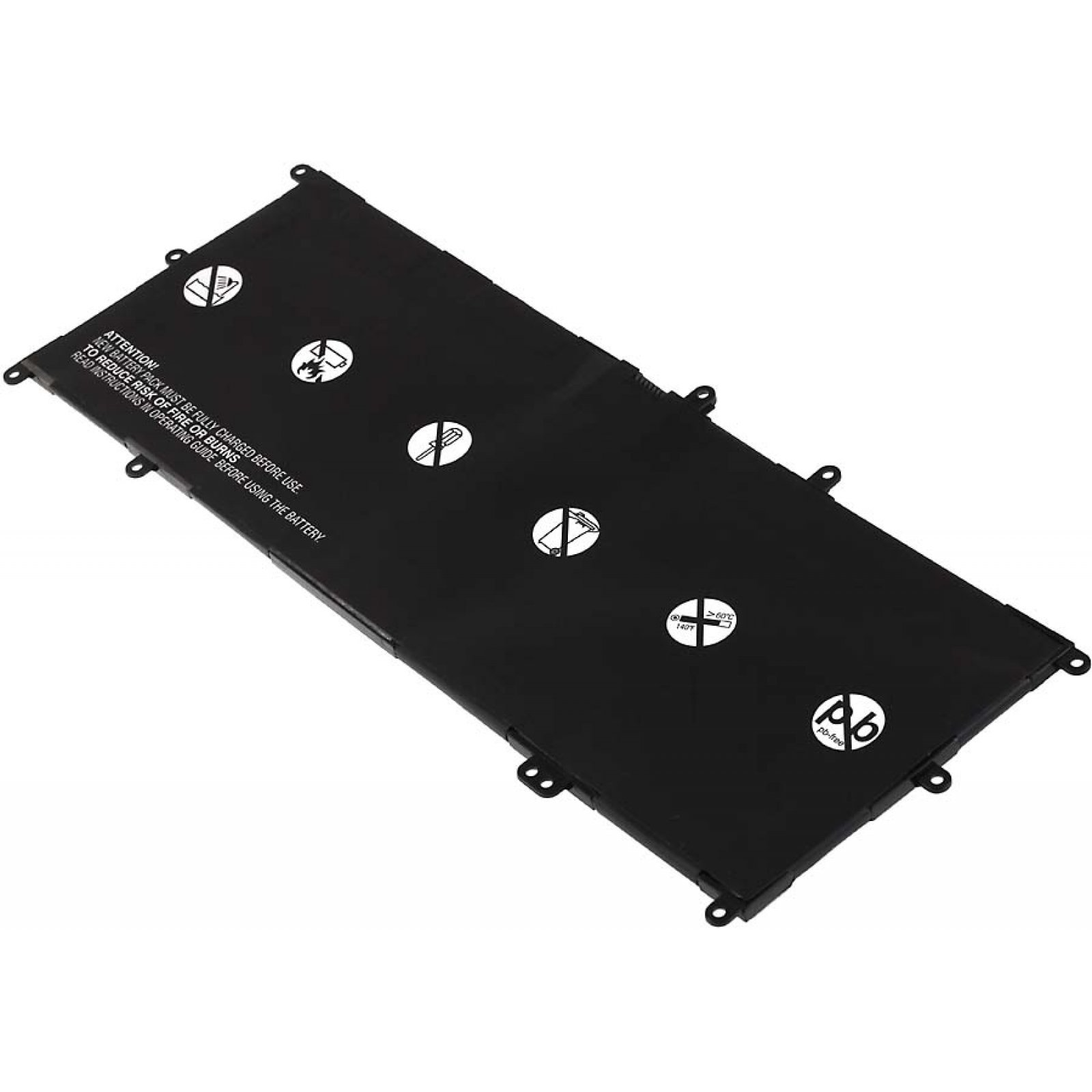 Una batería negra de portátil con advertencias e instrucciones impresas. La batería es rectangular.