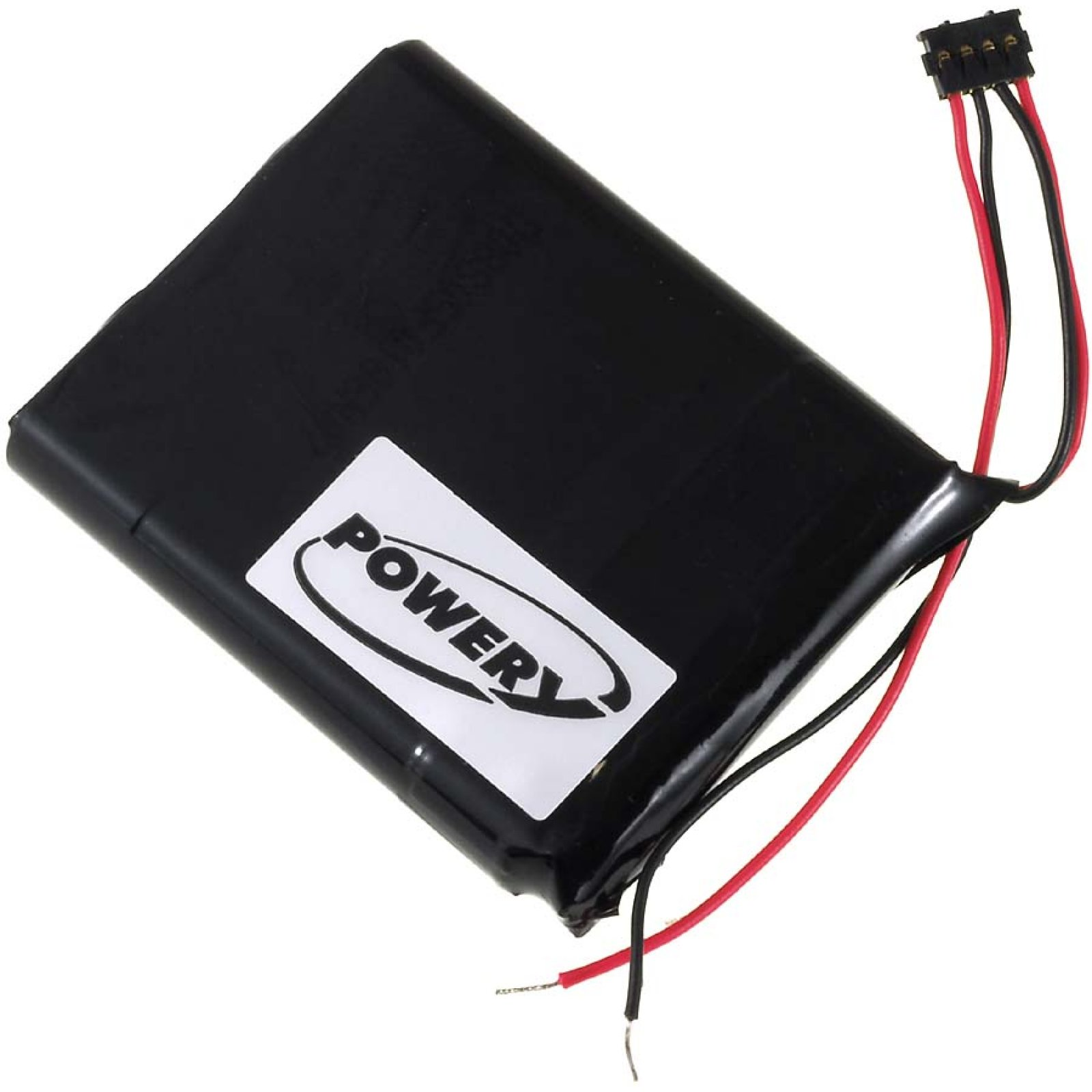 Una batería negra con una etiqueta blanca de Power y cables rojos y negros adjuntos.