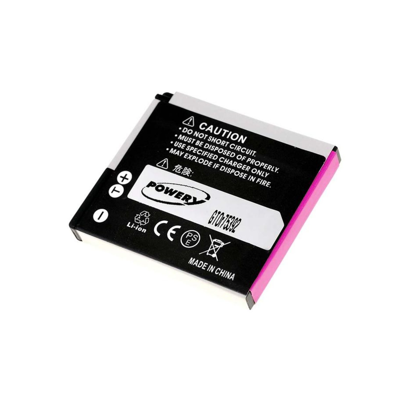 Una batería rectangular con advertencias e instrucciones. Tiene una parte delantera negra y un lado rosa.