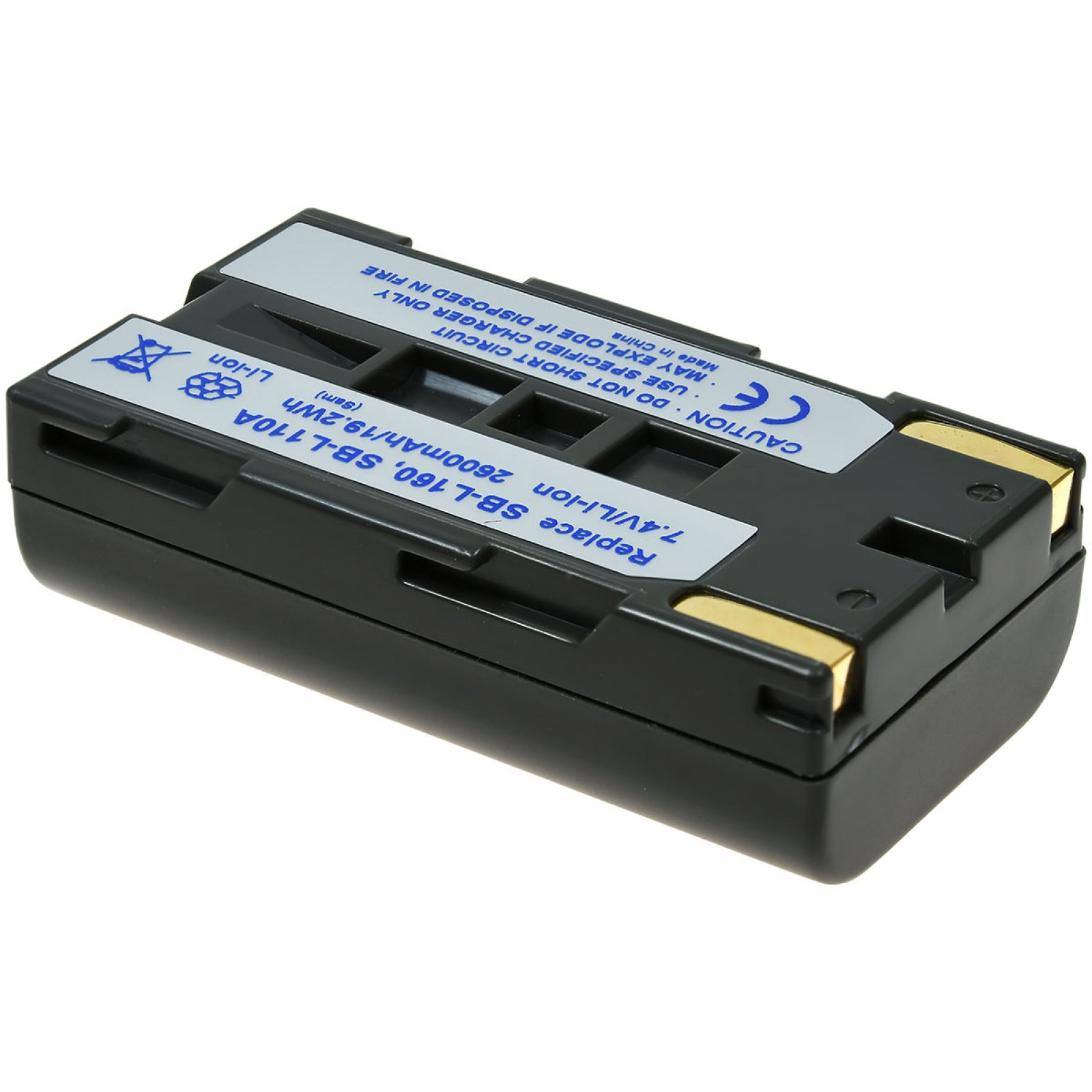 Batería rectangular negra con etiquetas, texto y puntos de contacto dorados.
