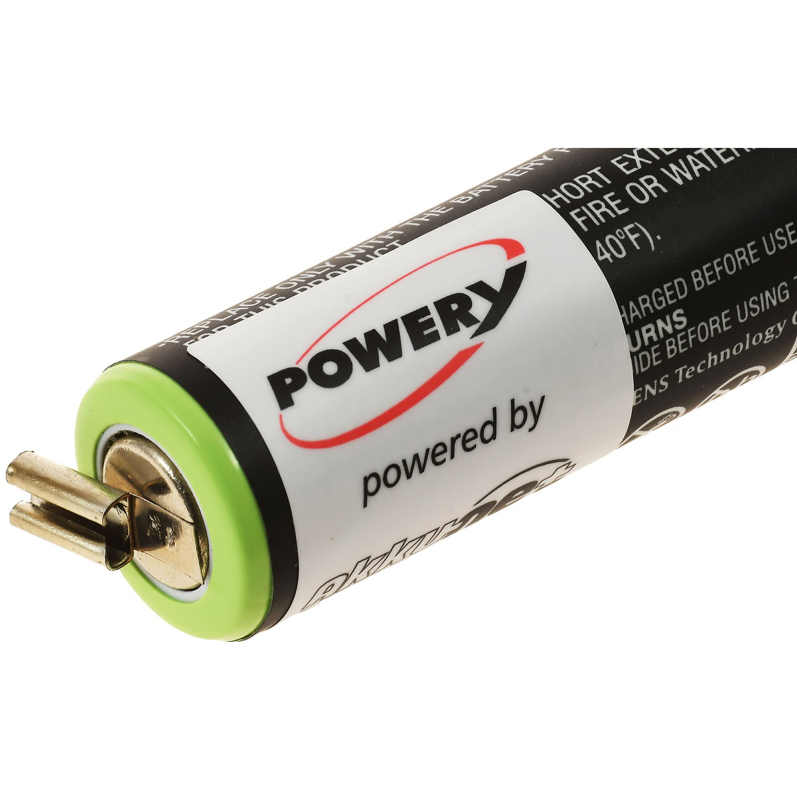 Primer plano de una batería con una etiqueta blanca que dice "POWER powered by".