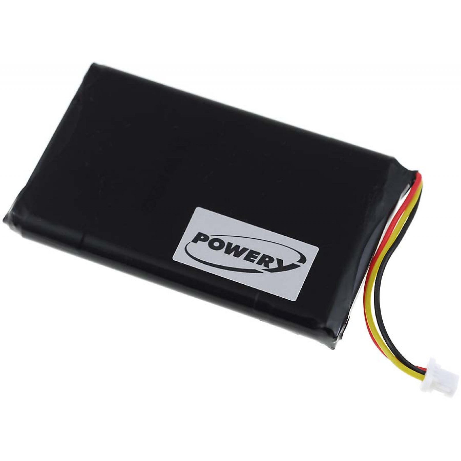 Batería de teléfono rectangular negra con etiqueta blanca 'POWERY' y cables. Tiene cables rojos, amarillos y blancos.