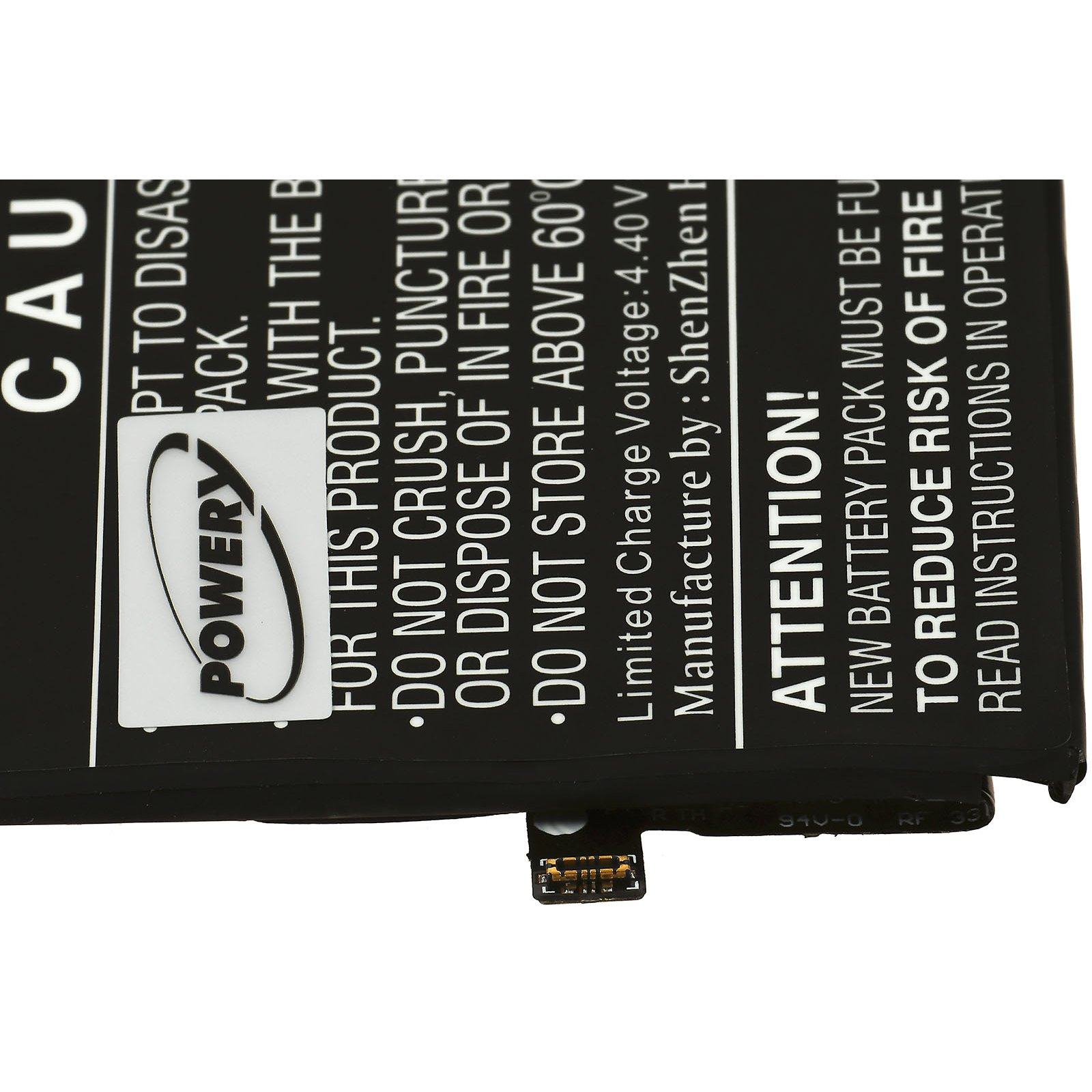 Batería negra con advertencias. Fondo blanco. Texto y una pegatina con la marca 'Powery'.