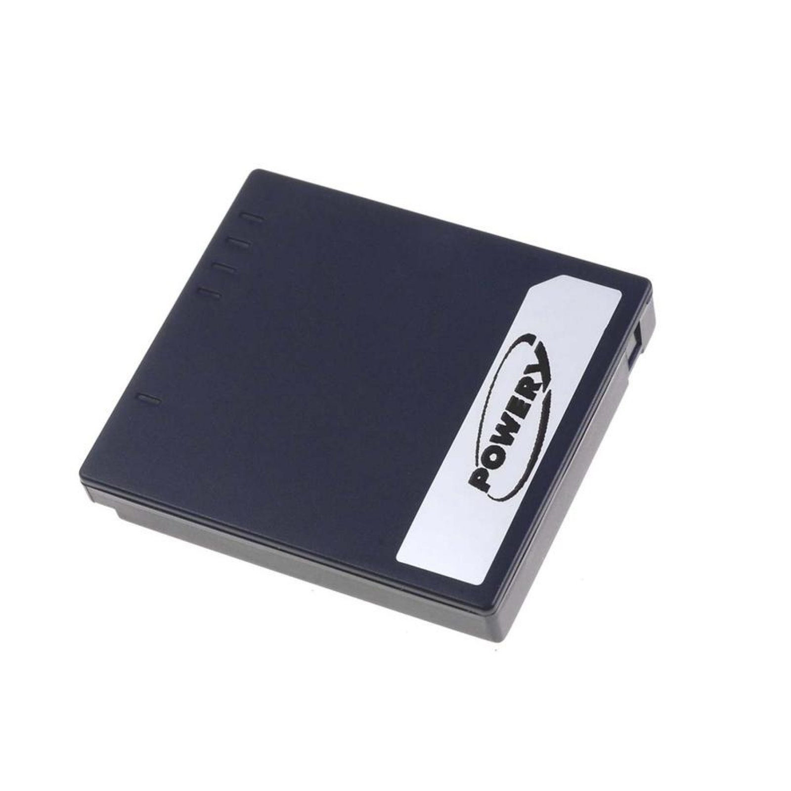 Un dispositivo rectangular negro con la marca 'POWERY'. Está sobre un fondo blanco.