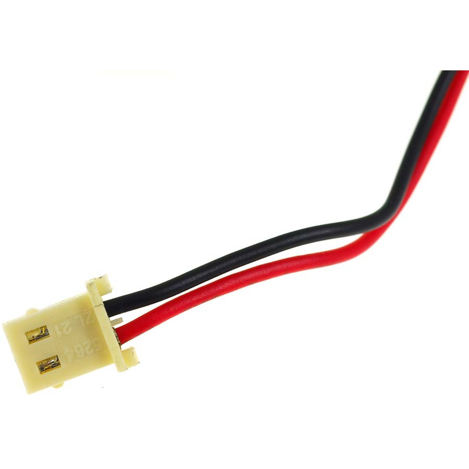 Primer plano de un conector blanco con cables negros y rojos extendidos. El conector tiene pines para la conexión.