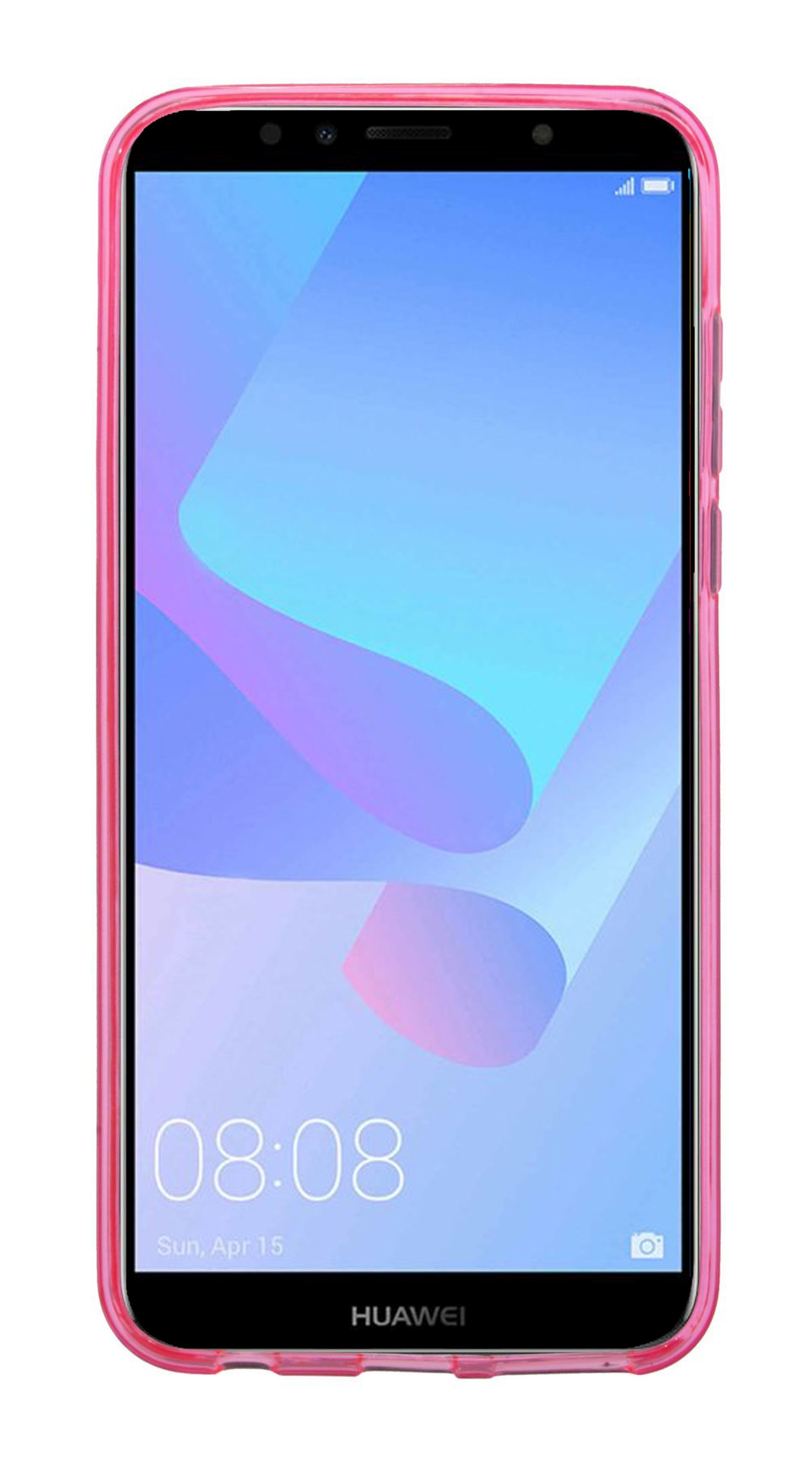 Pinkes Telefon im Gehäuse. Der Bildschirm zeigt ein weißes und pinkes abstraktes Bild.