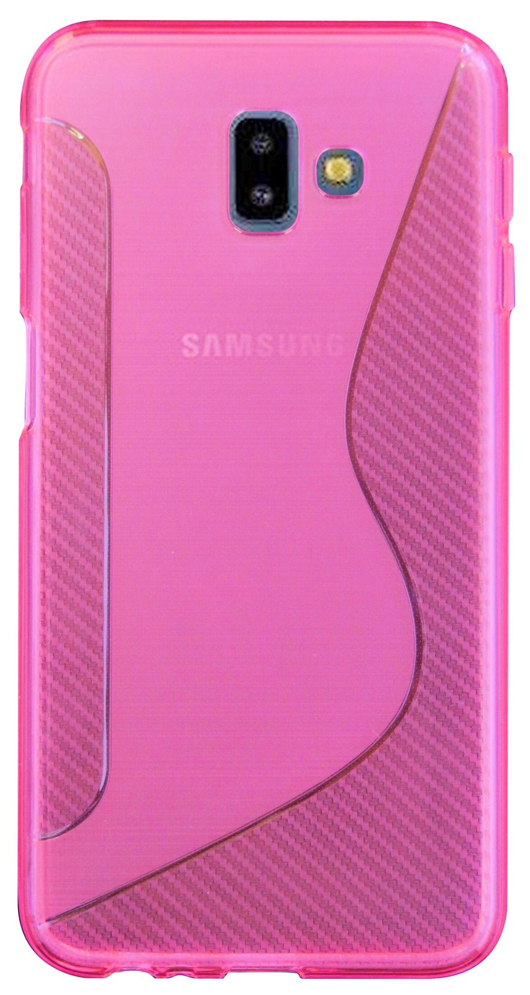 Pinke Handyhülle mit Samsung-Logo, Kamera und Carbonfaser-Design an der Seite.