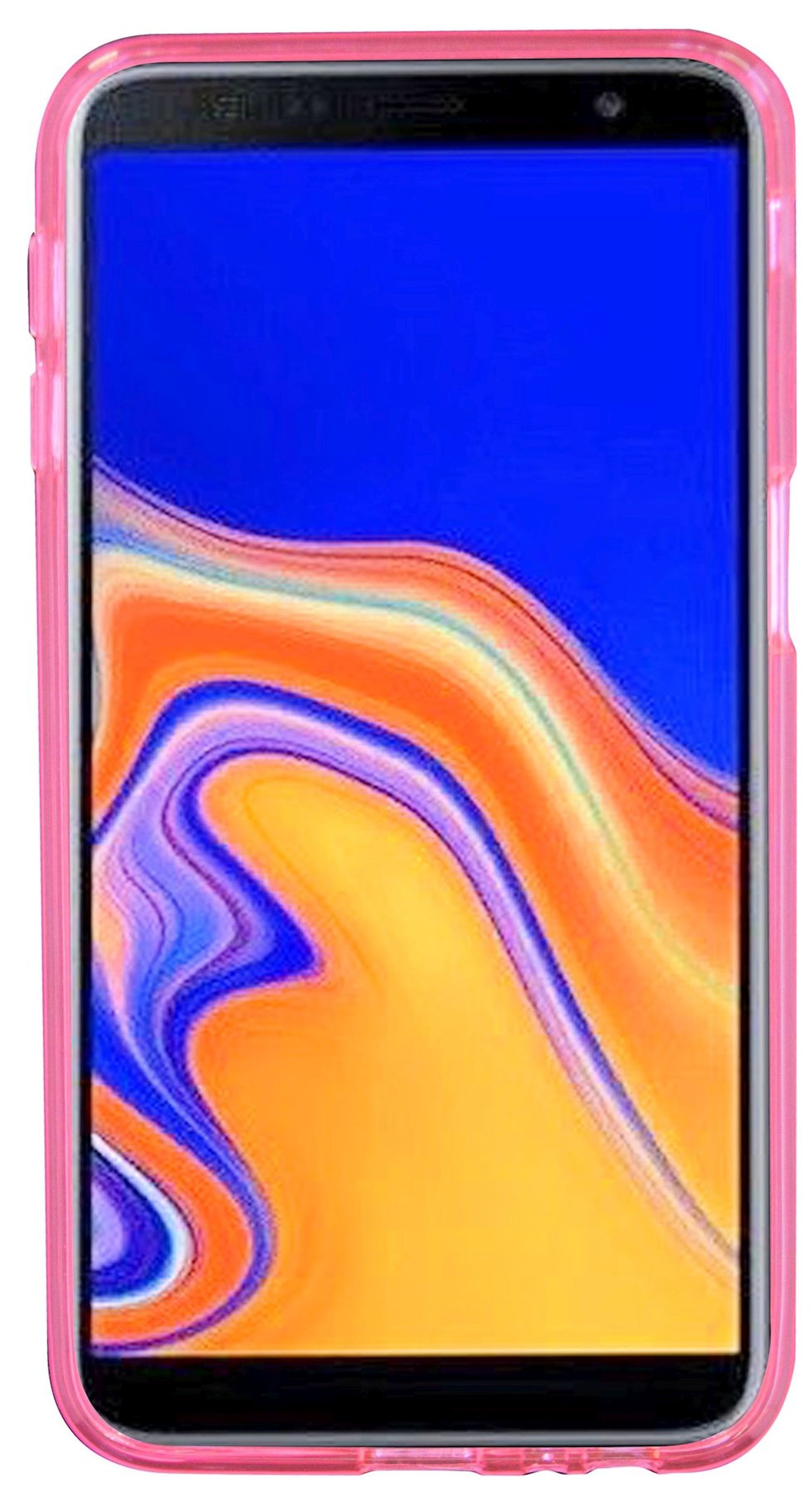 Smartphone in einer rosa Hülle, zeigt einen bunten Hintergrund, vor weißem Hintergrund.