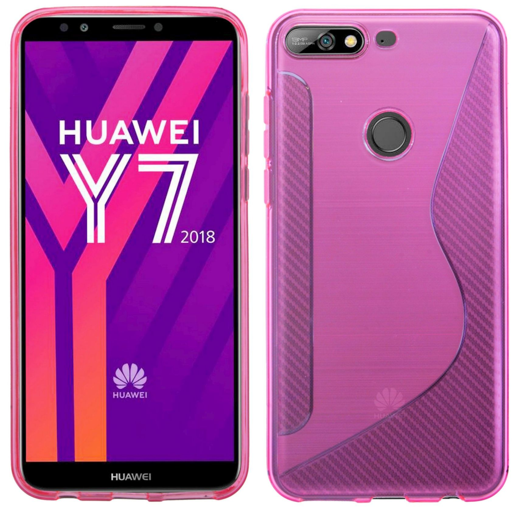 COFI HUAWEI Bumper, Hülle in 2018, Y7 Case Rosa Silikon Huawei, Y7 Silikonschale Bumper 2018//S-Line Pink, SchutzHülle Cover Zubehör TPU