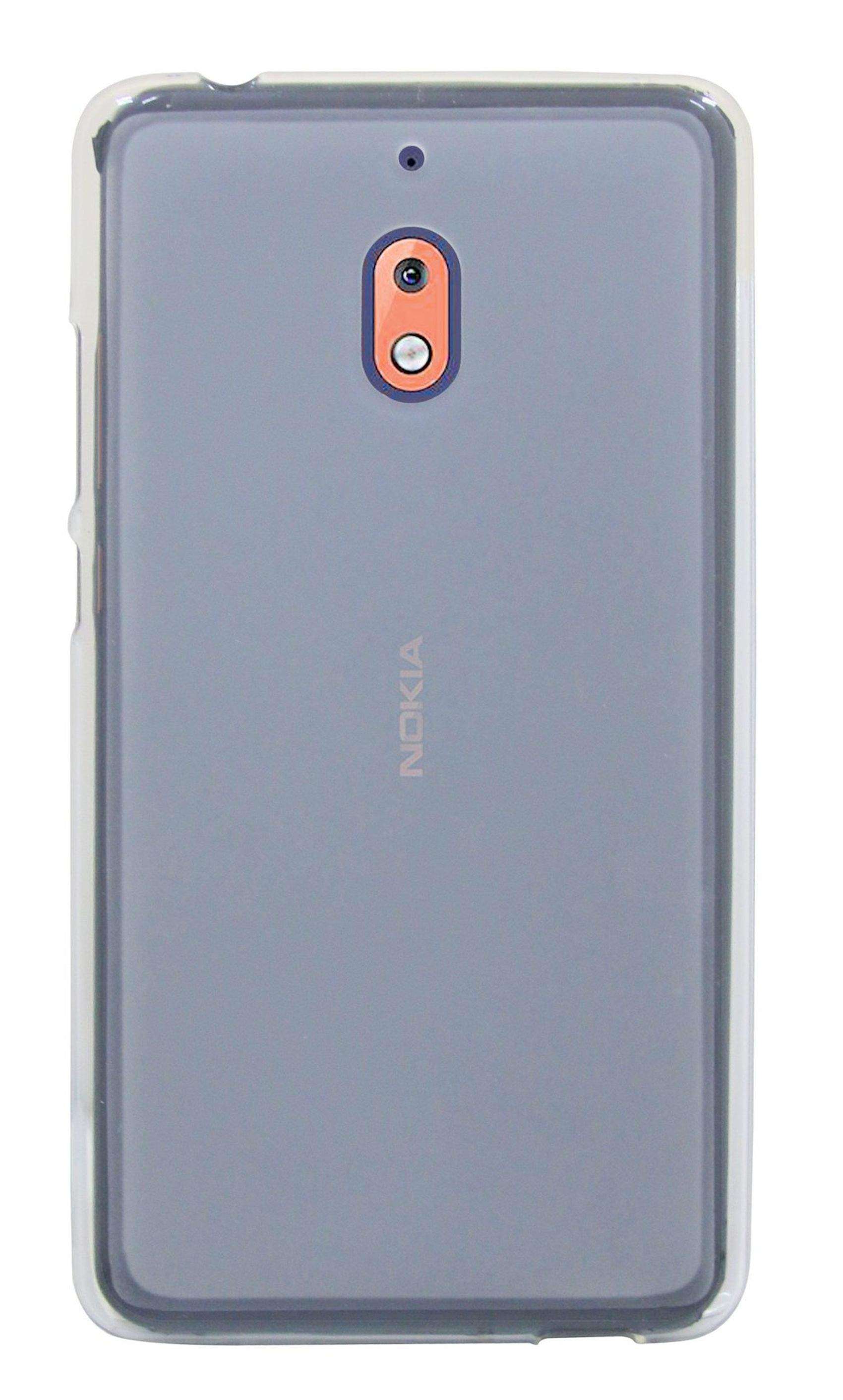 Rückseite des Nokia-Telefons mit Kamera. Das Gehäuse ist blau und transparent.