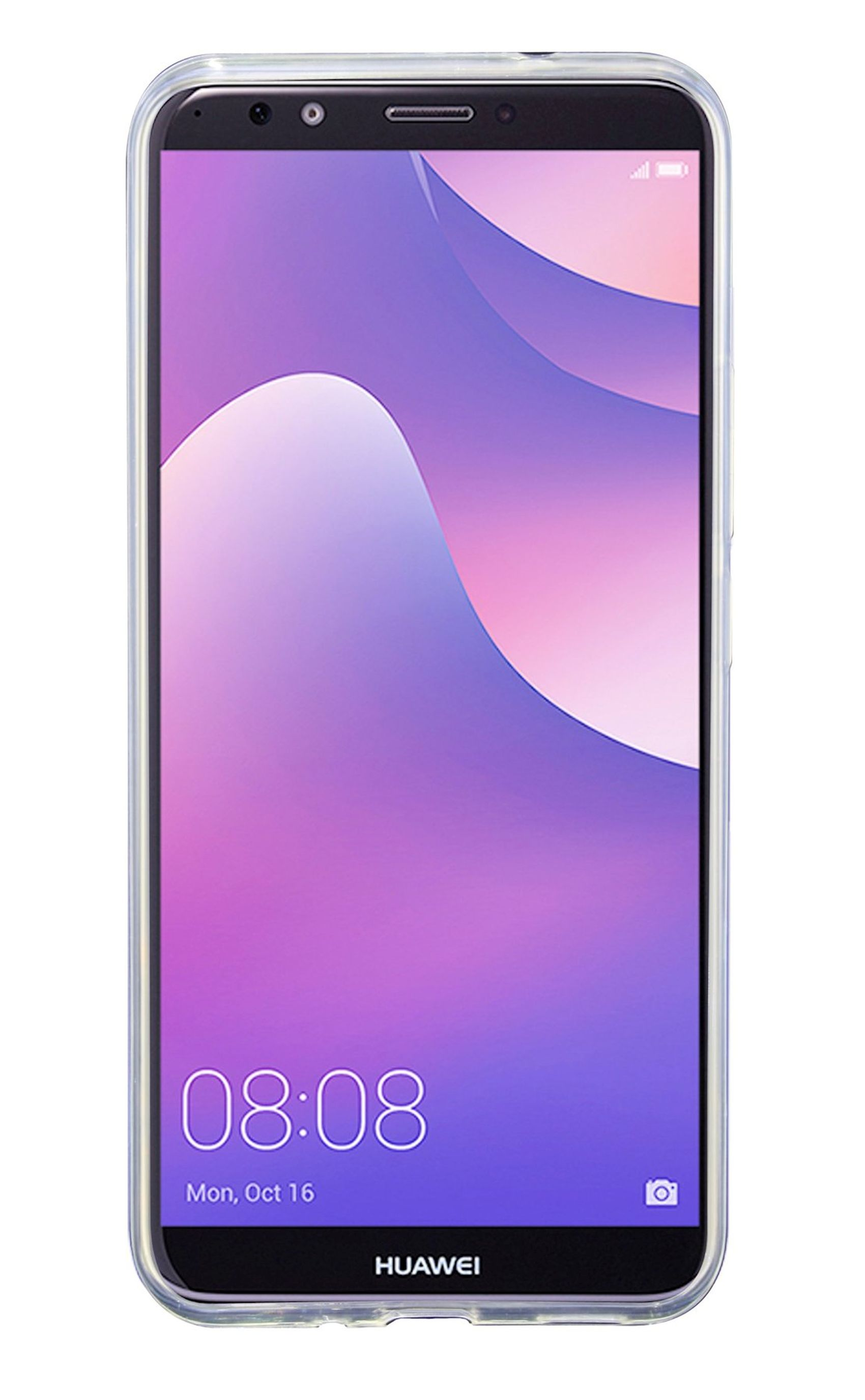 Smartphone mit klarer Hülle, zeigt einen Farbverlaufshintergrund mit Uhrzeit und Datum.