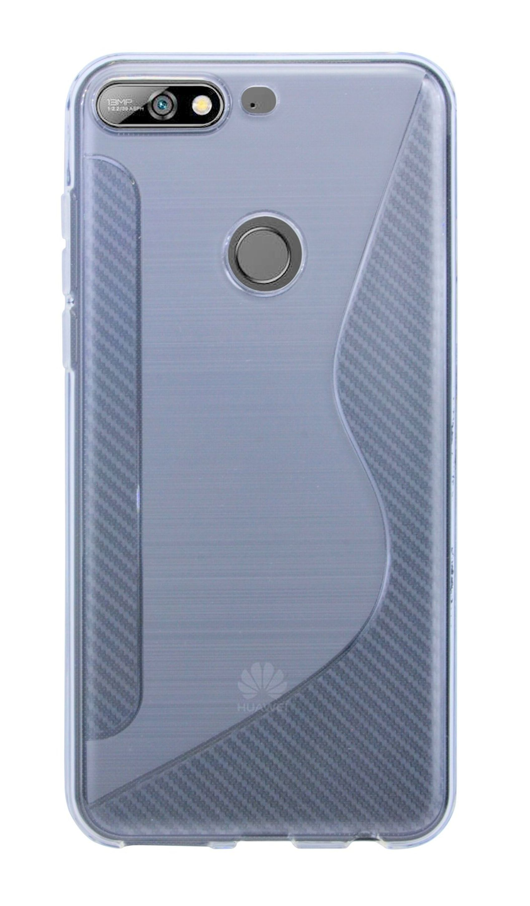 Transparente Handyhülle mit blauem Wellenmuster auf der Rückseite, Telefon innen.