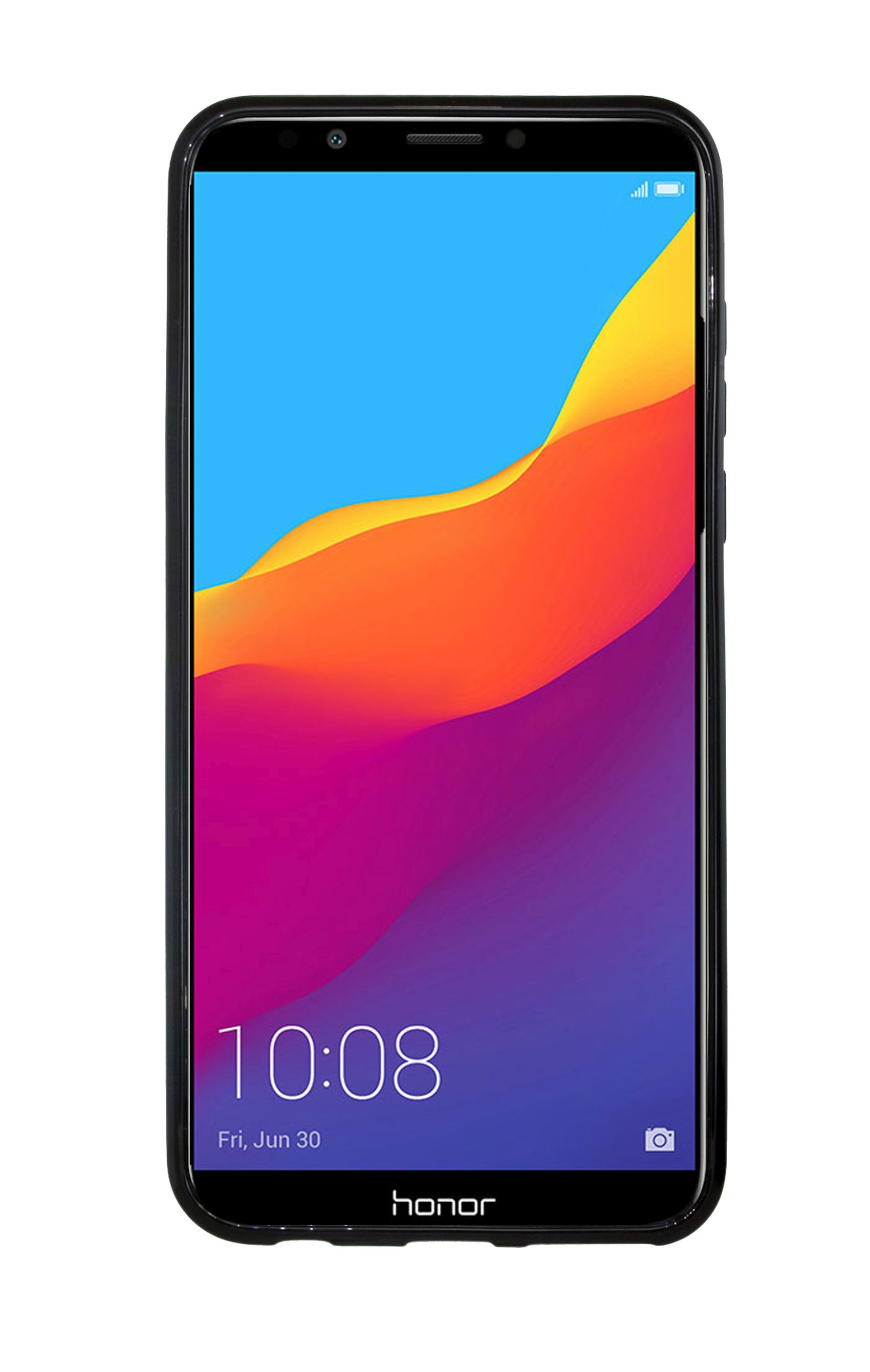 Smartphone, schwarzes Gehäuse, farbenfroher Bildschirm. Zeigt Uhrzeit und Honor-Logo. Weißer Hintergrund.