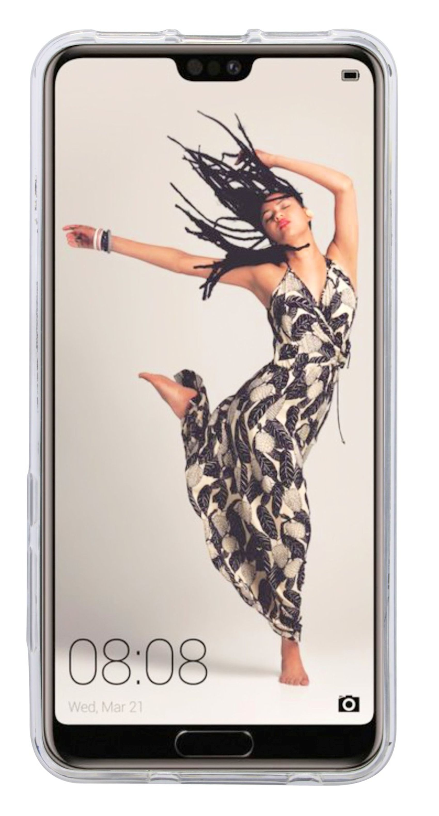 Frau in einem Kleid auf einem Telefonbildschirm. Das Telefon befindet sich in einer transparenten Hülle. Die Uhrzeit wird angezeigt.
