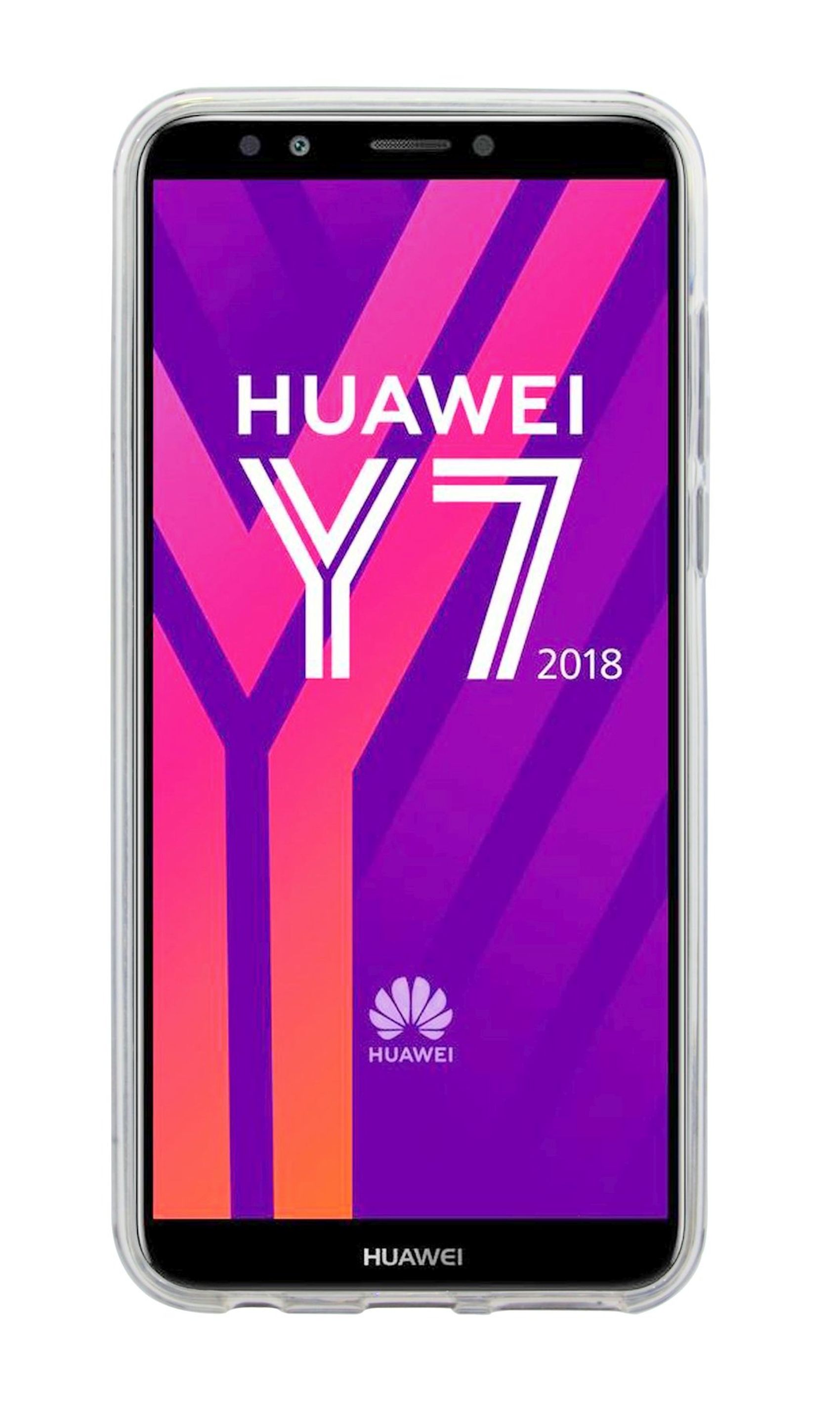 Huawei Y7 2018 Telefonbildschirm mit Logo in einer transparenten Hülle.